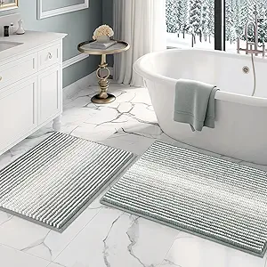 BSICPRO Bathroom Rugs and Mats Sets, 2 Piece Thick Absorbent Chenille Bath Mat Rug Set Non Slip, Soft Shaggy Bath Room Floor Mats for Bathroom, Machine Washable (Light Gray, 20" x 32" Plus 16" x 24")