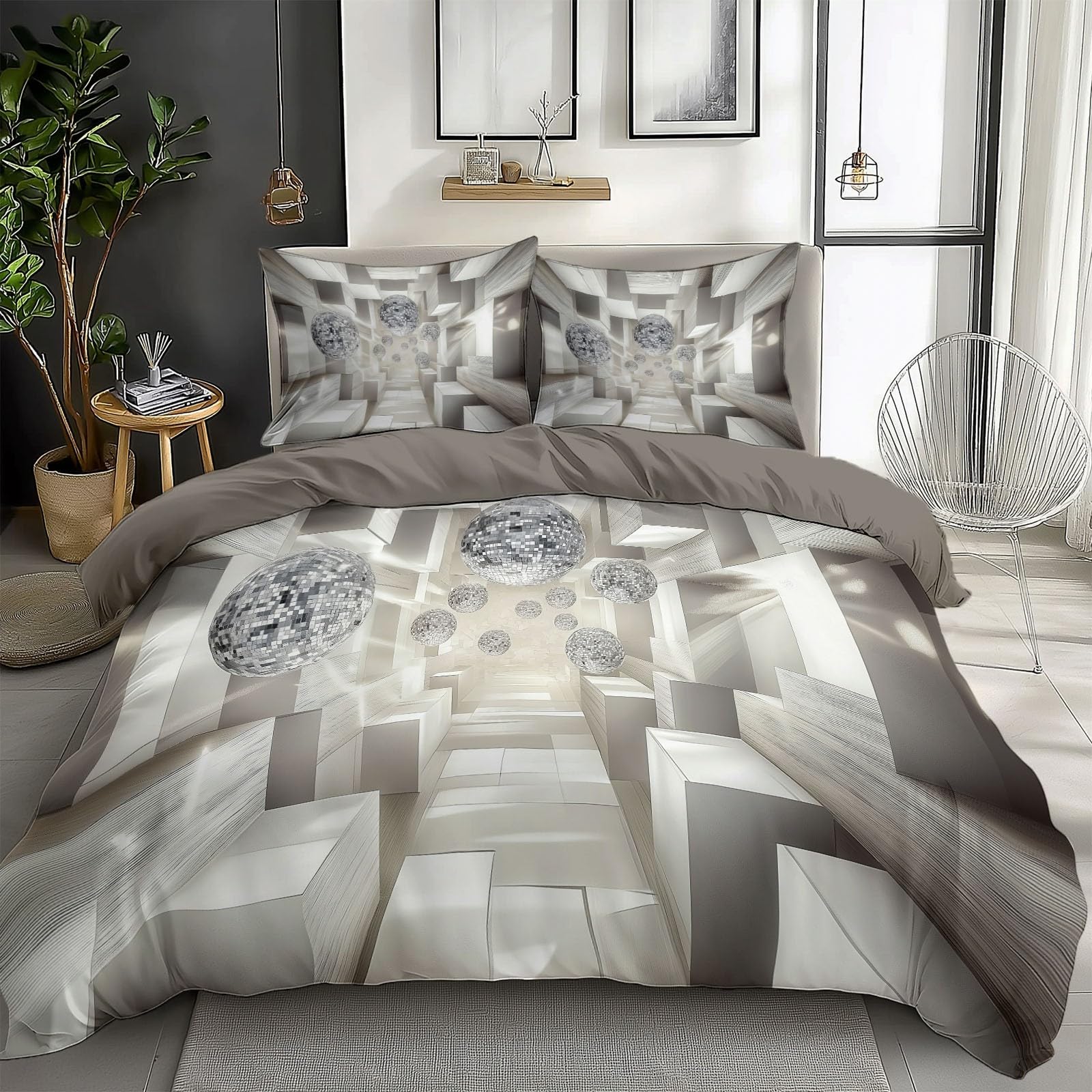 Silver Duvet Cover King Size Surreal Geometric Space Reversible 3 Pieces Duvet Cover Set, Bedding Set for All Season, Soft and Breathable Bedding Set with Zipper Closure