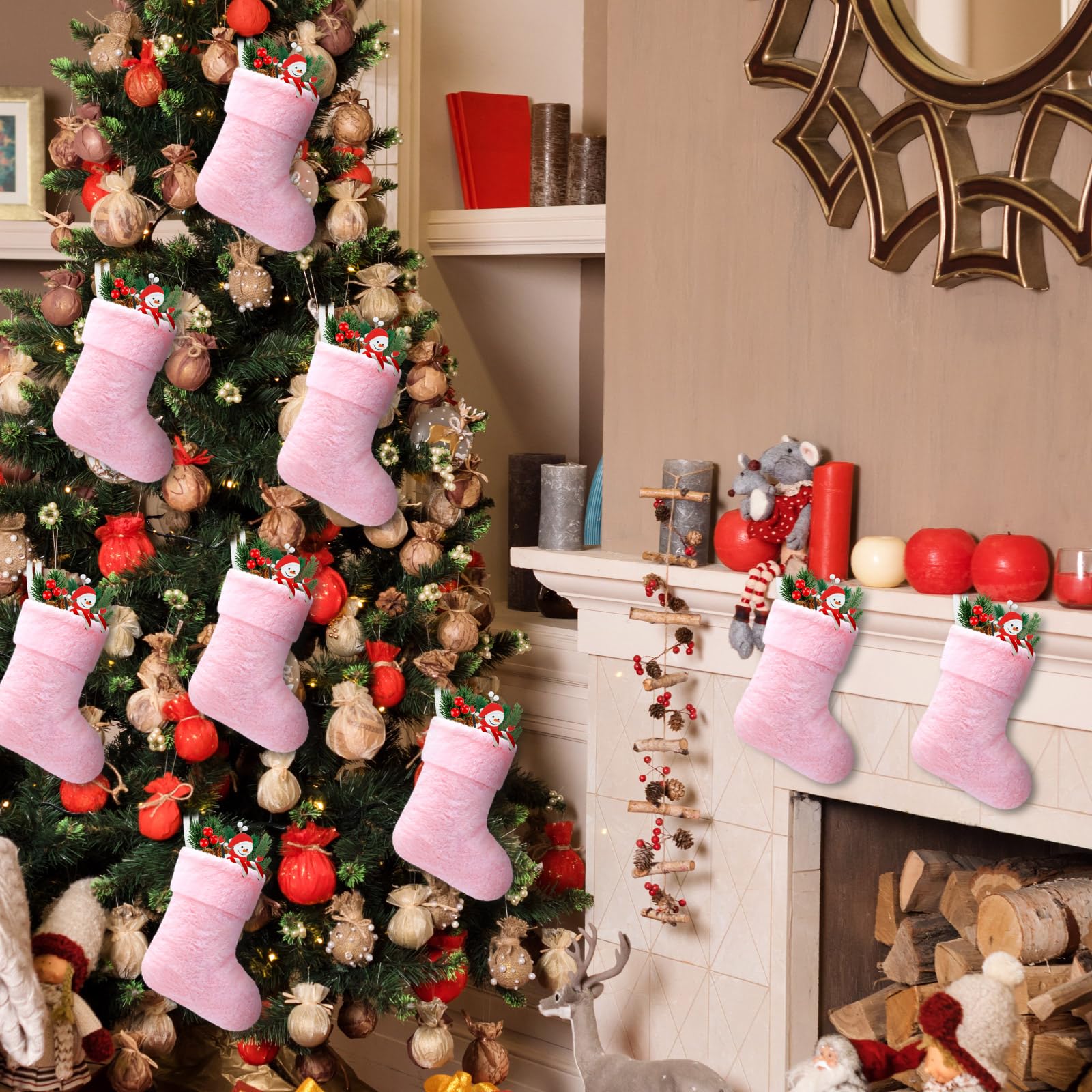 JOVITEC Lot de 12 chaussettes de Noël en fausse fourrure à suspendre pour cheminée, fête, sapin de Noël, cadeaux de 17,8 cm