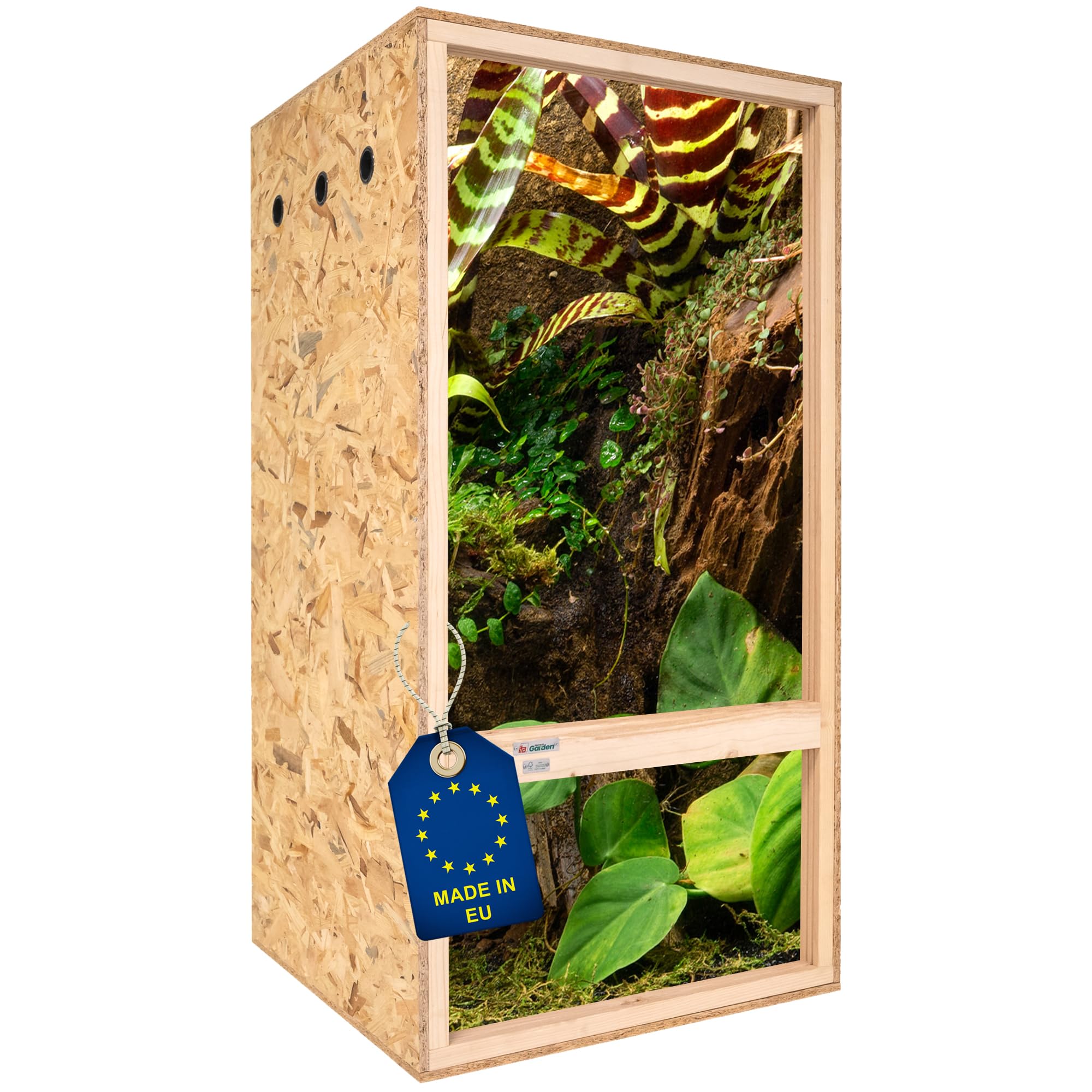 ITA Terrario alto 60x120x60 cm con ventilazione laterale e igrometro integrato - Terrario in legno OSB-3 - Per rettili, serpenti, anfibi - Prodotto UE, certificato FSC