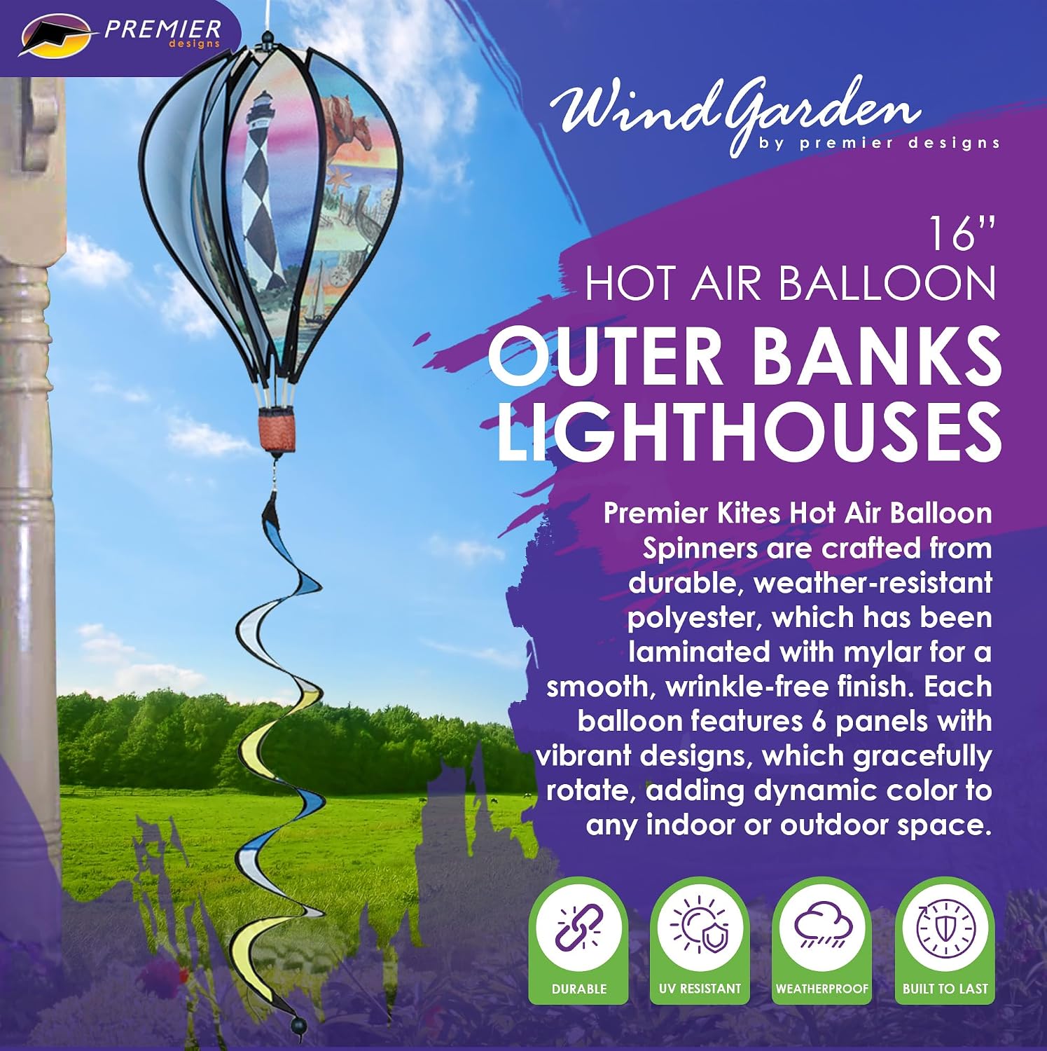 Hot Air Balloon Hanging Garden Spinner 16" - Vibrant Outer Banks Lighthouses Design, Weather-Resistant Outdoor Decor, Durable & Lightweight for Patios, Yards, and Gardens - Eye-Catching Wind Spinner
