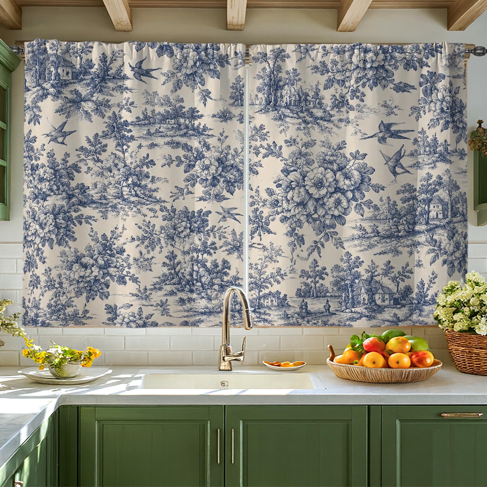 Rideaux de cuisine bleu en textile traditionnel haut de gamme à motif floral