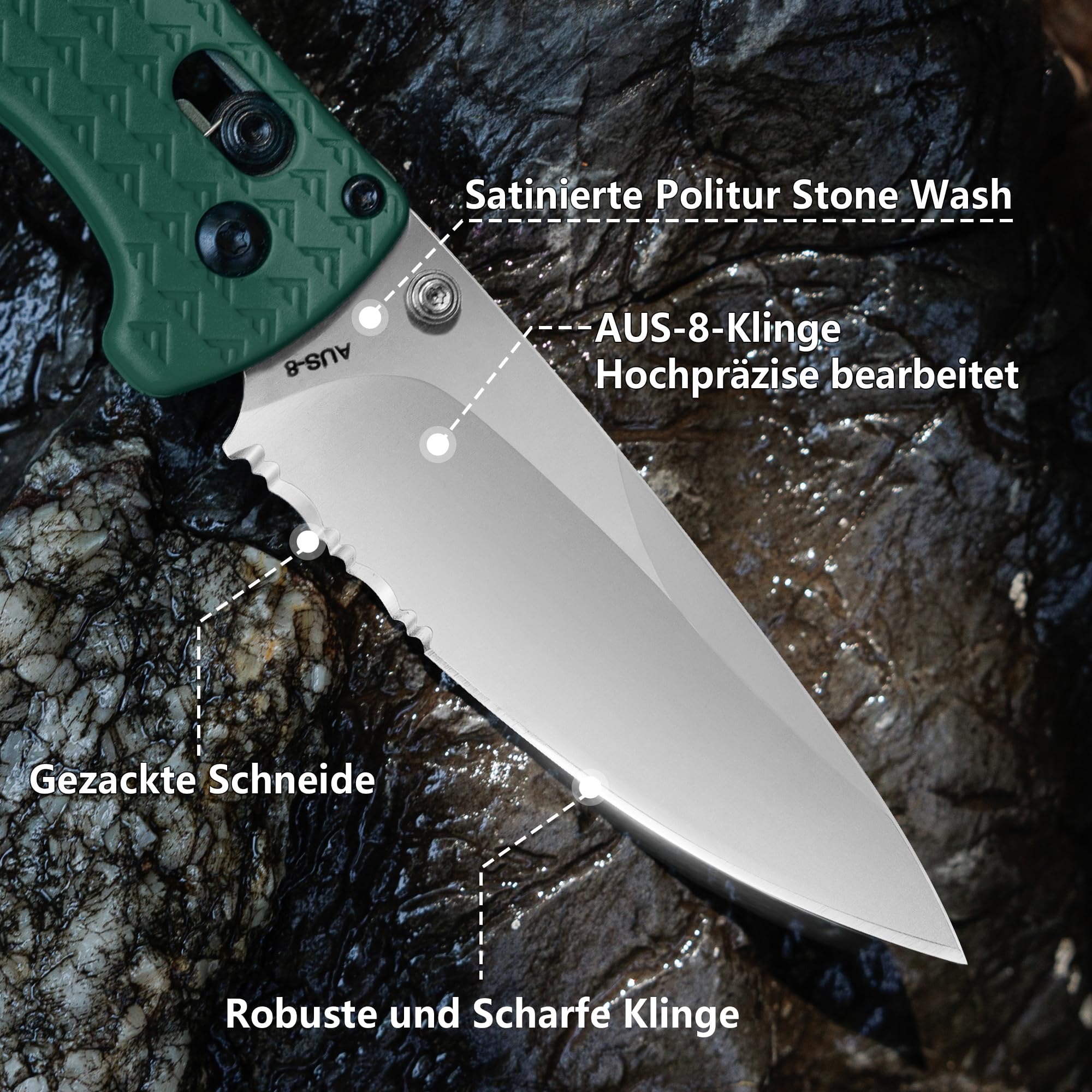 FLISSA Taschenmesser Klappmesser, AUS-8 Edelstahl, Scharfes Outdoor Messer mit Taschenclip, Klappbares Taschenmesser EDC Messer für Outdoor Jagd Camping, Grün