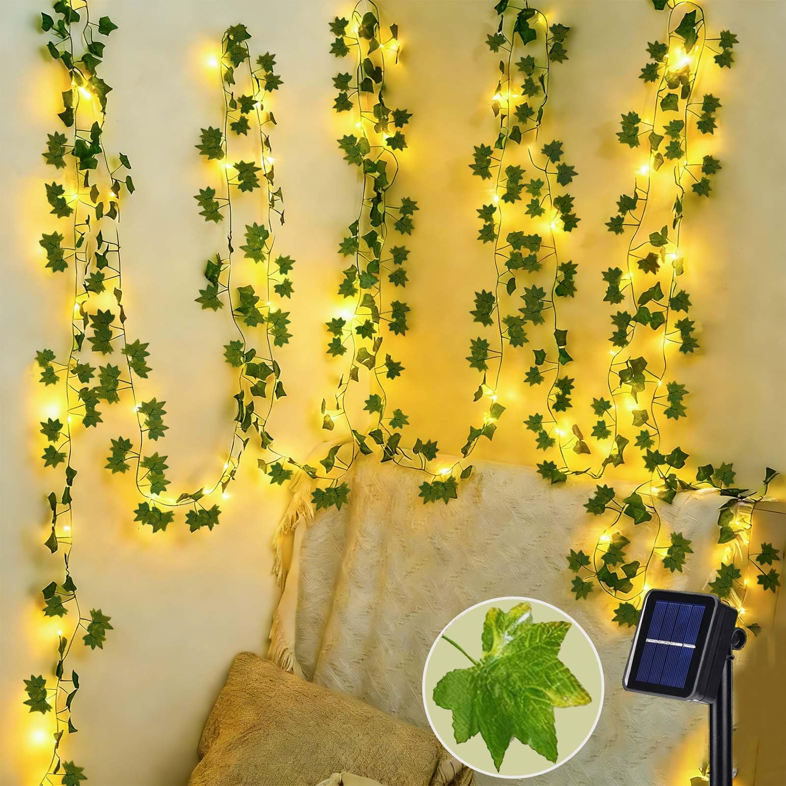 Joycome Efeu Lichterkette, 10M 100 LED Solar Lichterketten mit Fake Efeu, 8  Modi Solar Bltter Girlande, Wasserdicht IP65 Lichterkette Bltter fr  Garten Wand Balkon Terrasse Auen Aesthetic Deko : Amazon.de: Beleuchtung