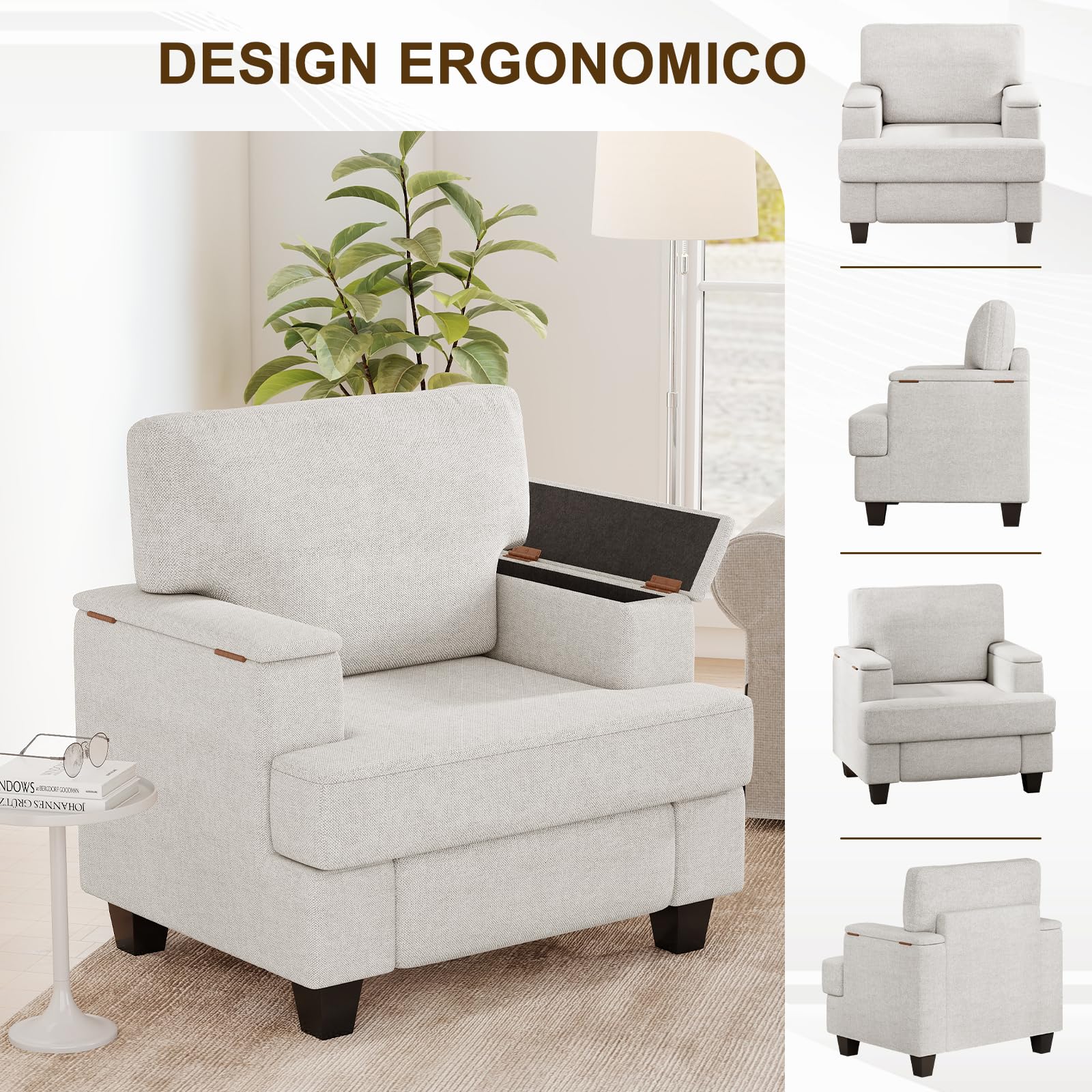 Extra-Grand Poltrona Salotto Contenitore, Divano Singolo Poltrone Camera da Letto con Braccioli con Contenitore, Poltrona Imbottita Relax per Salotto Soggiorno Camera da Letto, Bianco