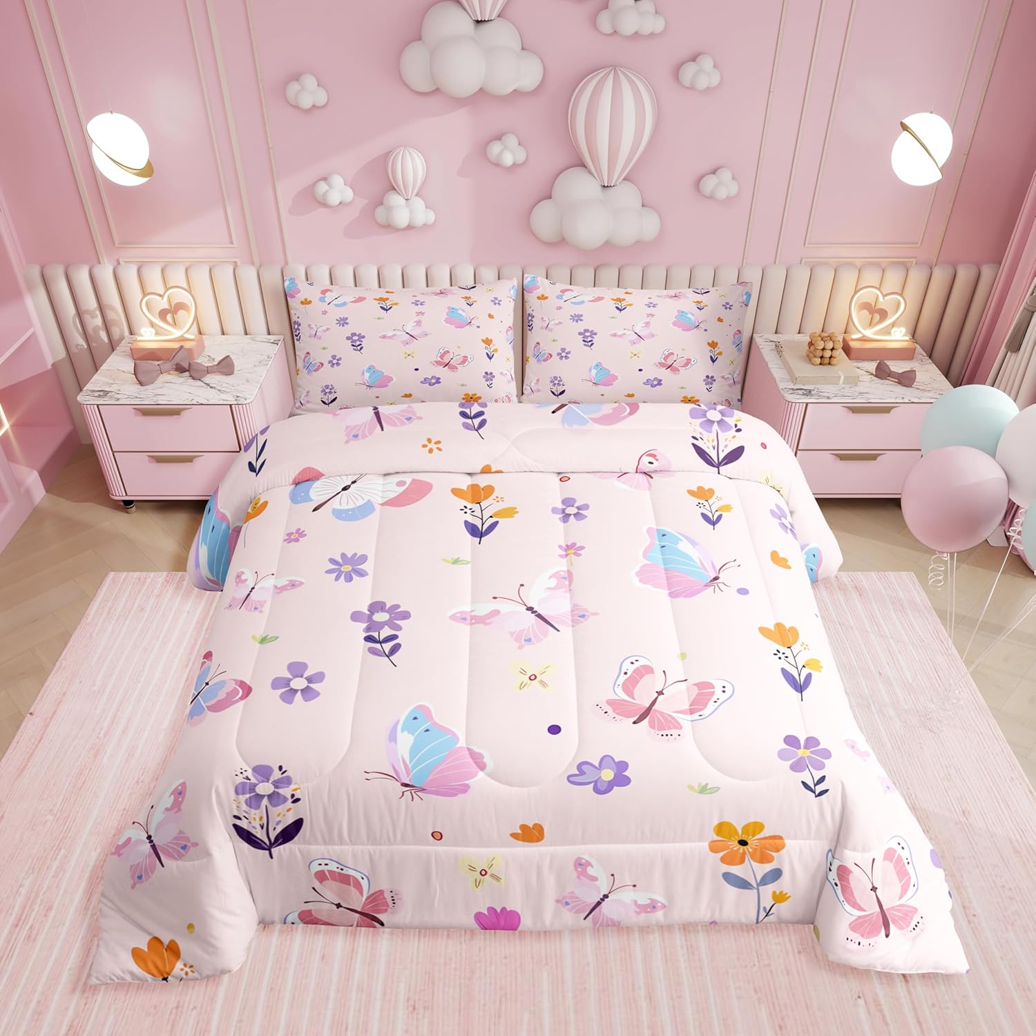 Erosebridal Cute Pink Floral King Bedding Set,Butterfly Kawaii Comforter Set for Girls Women,Flower Garden Comforter,Coquette Girly Flowers Bedroom Room Decor,2 Pillowcases All Season