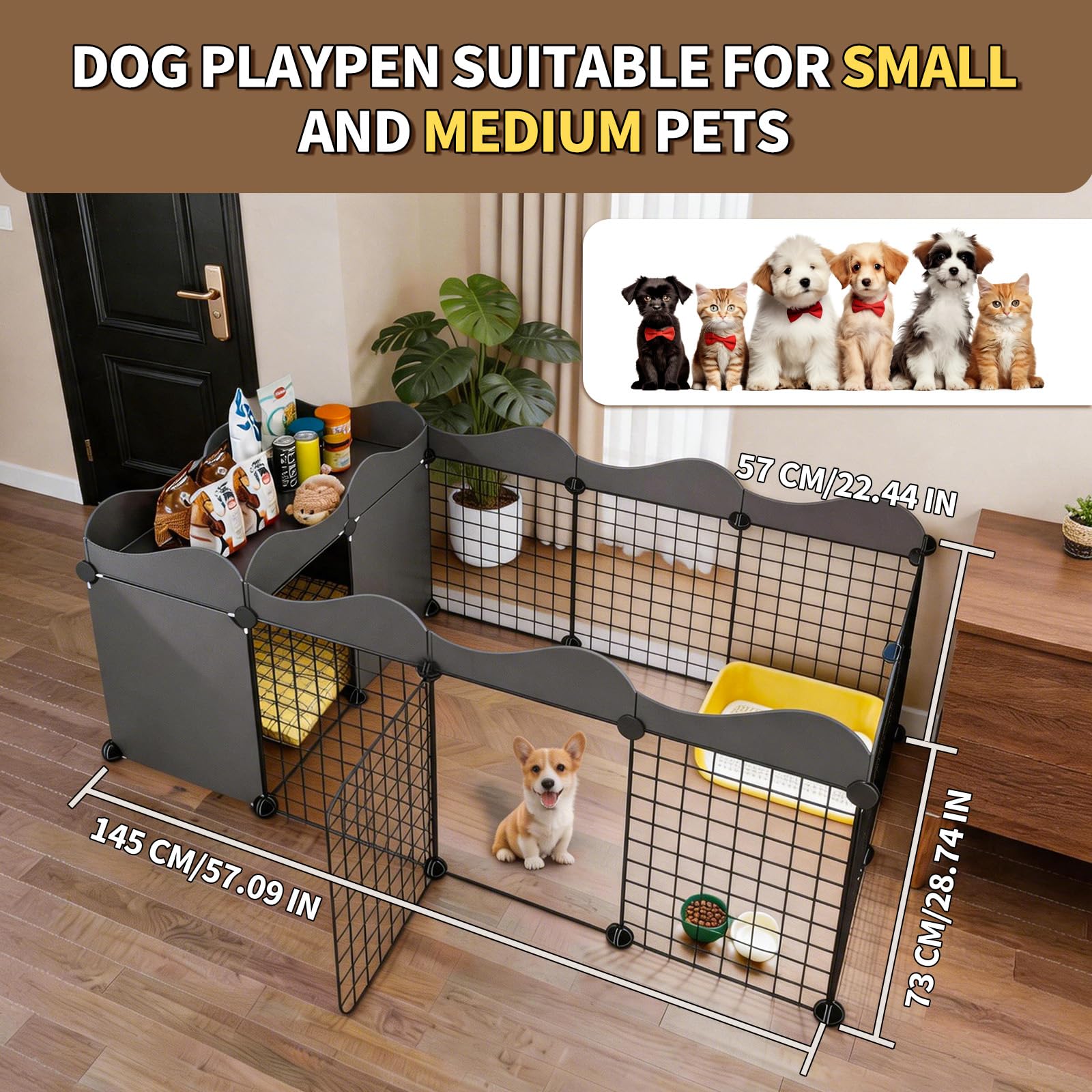 Welpenauslauf mit Ablagefläche, Hundegitter für Wohnung mit getrenntem Schlaf- und Spielbereich, 56 cm hoch, einfache Montage, rutschfest, schwarz
