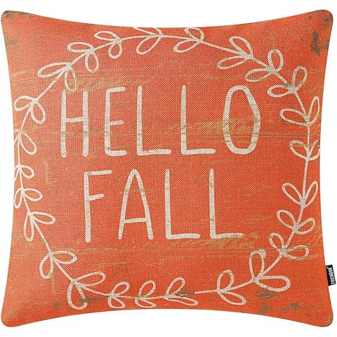 TRENDIN Retro Orange Hello Fall Wreath Throw Pillow Cover 18x18 Inches Farmhouse Autumn Cushion Case for Sofa Couch Cotton Linen PL539TR