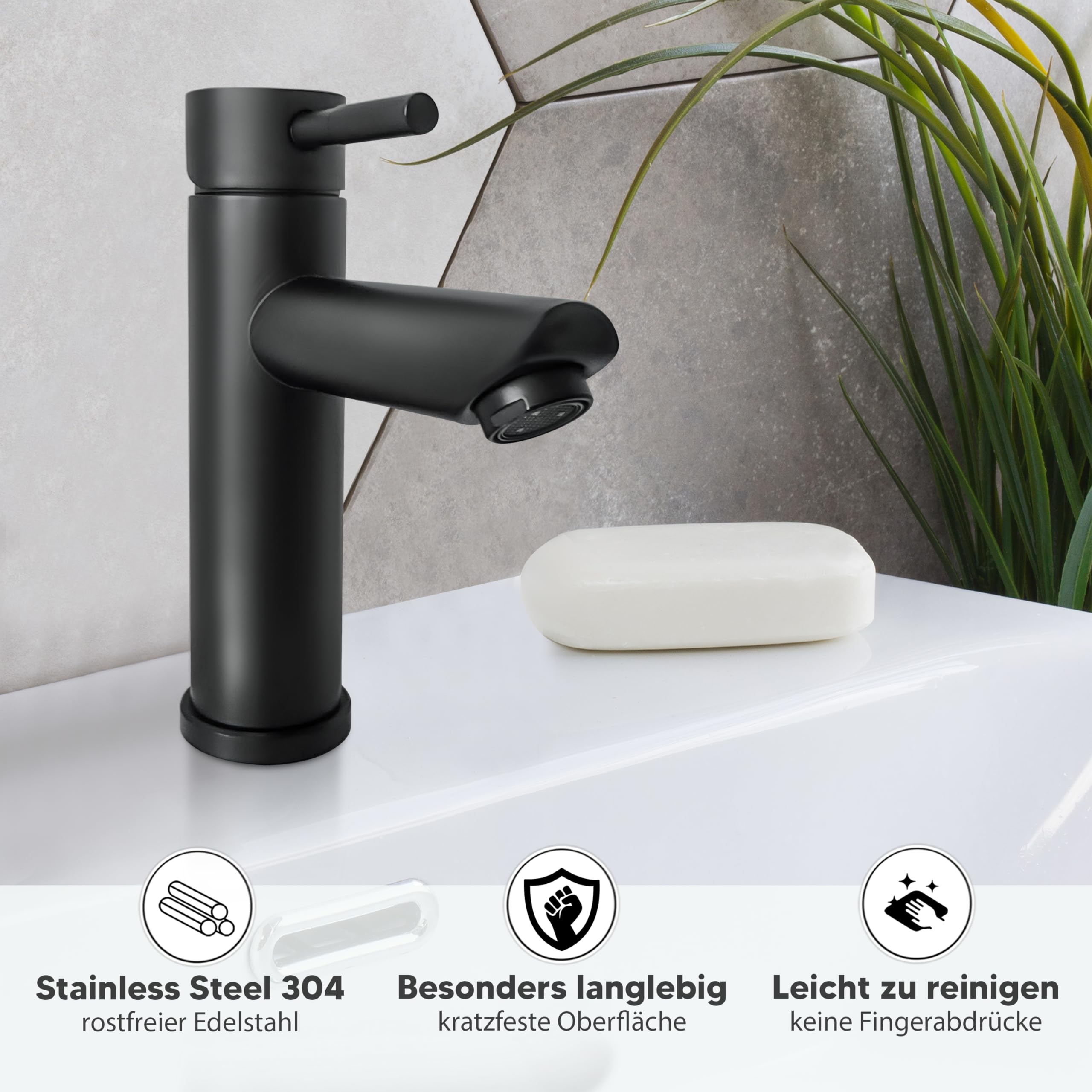 Wasserhahn Bad Schwarz Edelstahl - inkl. Befestigung und Schläuche, Waschbecken Bad-Armatur Waschtischarmatur Badezimmer Bathroom Waschtisch Wascharmatur Wasserarmatur Einhandmischer