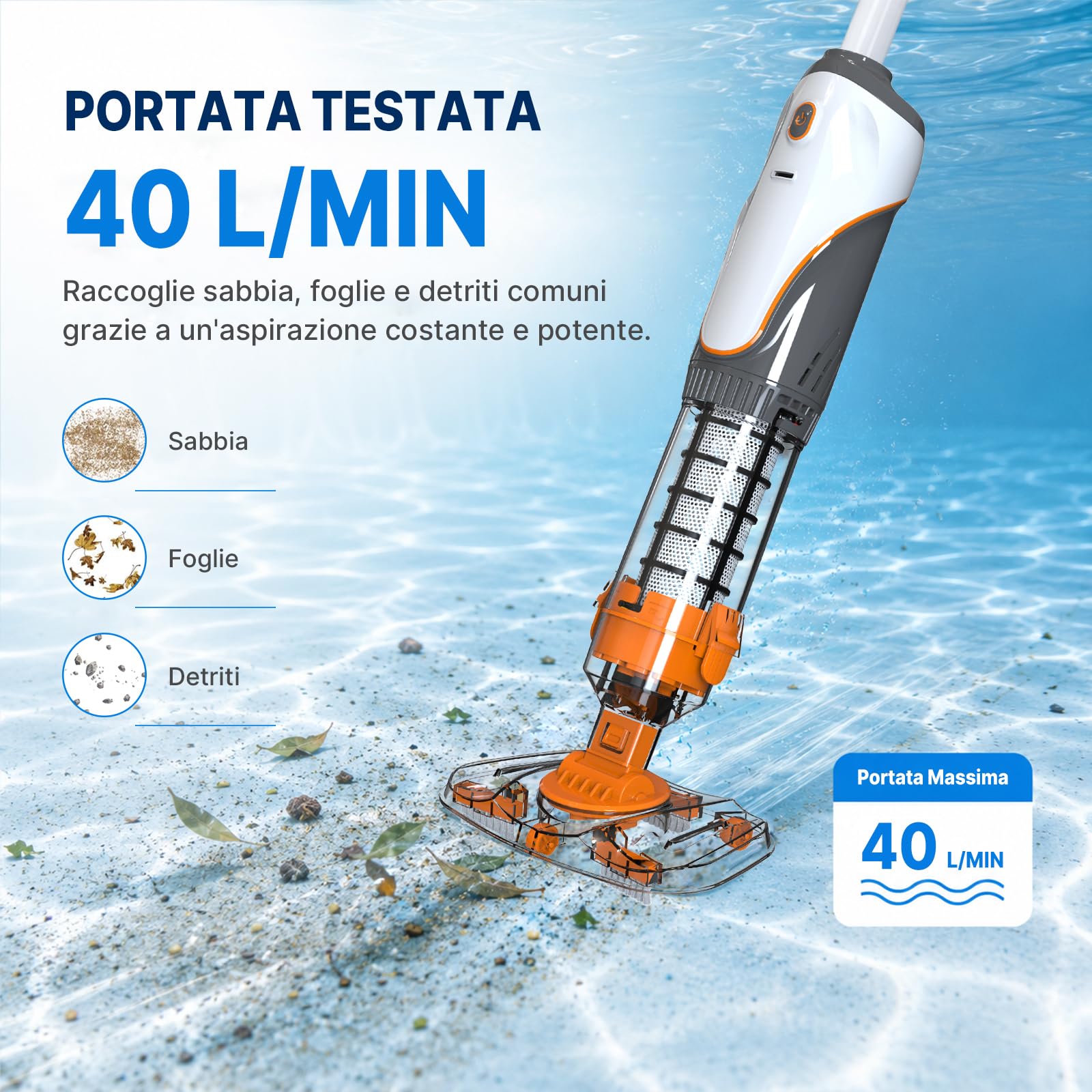 Aspirapolvere Piscina a Batteria, Aspiratore Piscina Senza Fili | Doppia Filtrazione Aspirapiscina, Aspiratore per Spa, Piccole Piscine, Vasche Idromassaggio, Autonomia 60 Minuti, Arancione