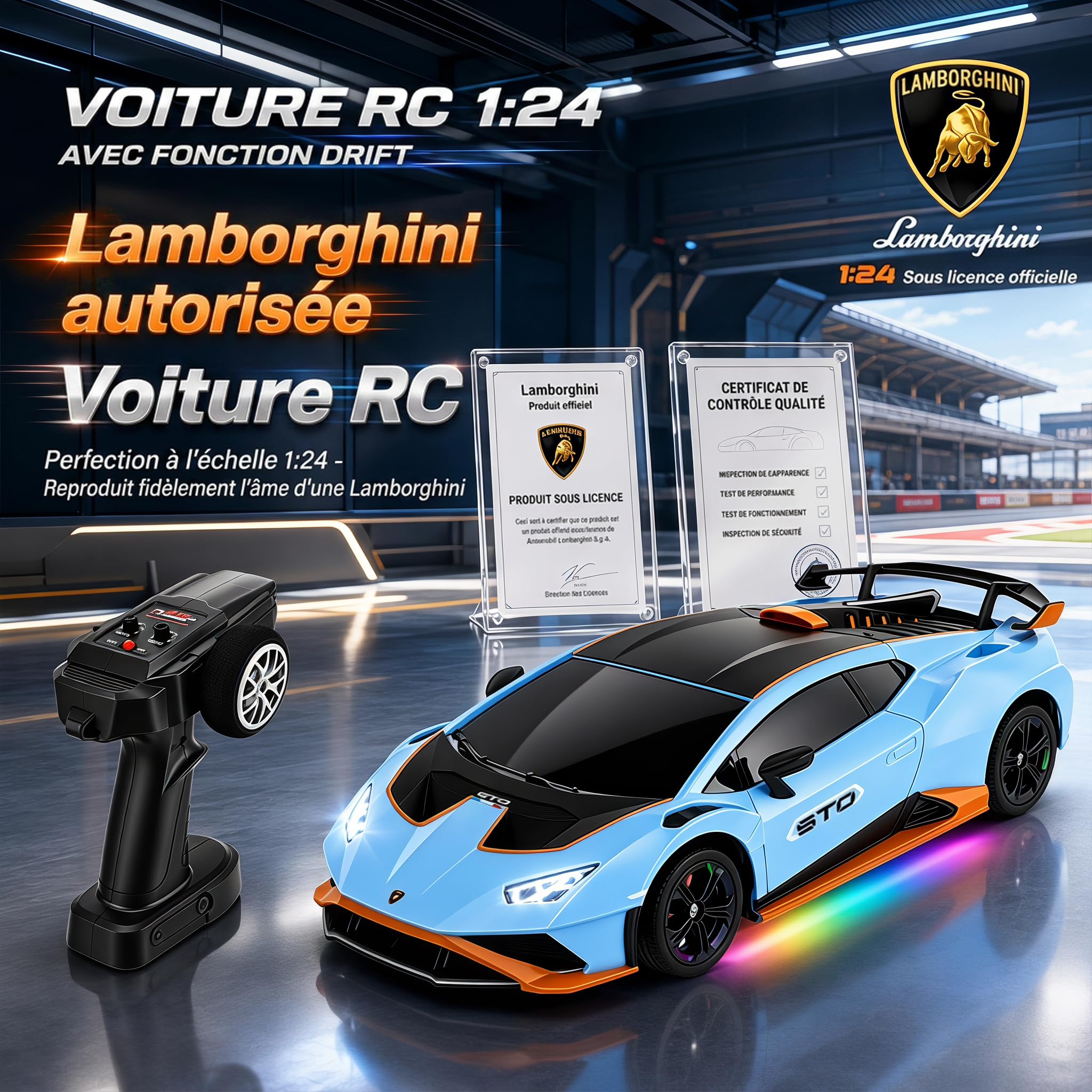 Voiture Télécommandée Lamborghini Huracán STO, Échelle 1:24 Officiellement Licenciée, Voiture Jouet Lambo Haute Vitesse 25 km/h Drift RC avec Lumière LED, Modèles 2.4GHz pour Garçons Filles Adultes