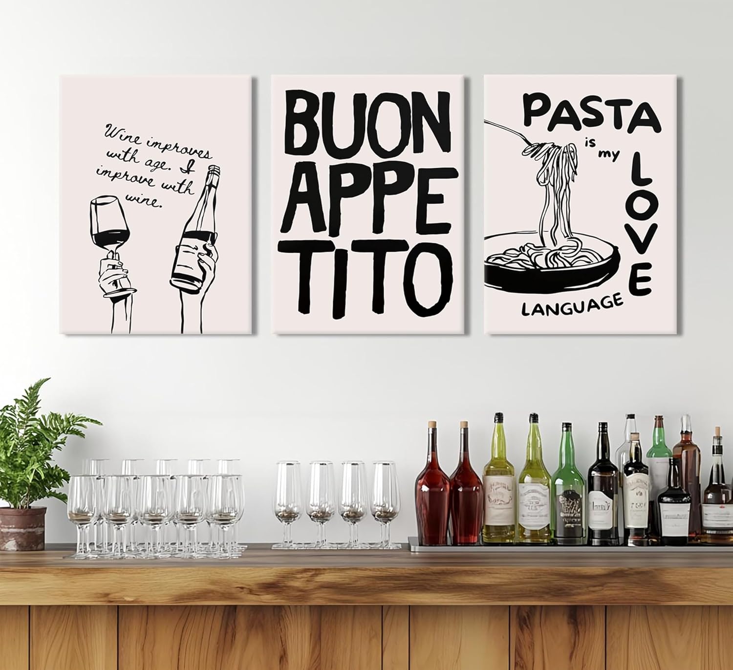 3Pcs Vintage Kitchen Canvas Wall Art Funny Food Wine Pasta Print Painting Picture Wall Decor Bar Cart Print Poster Print Artwork for Bar Livingroom Kitchen Home Decoration, Framed - Image 2