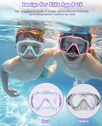 Miniatura 4 de Freela Gafas de natación para niños con cubierta de nariz para 6 a 16 años, paquete de 2 máscaras de natación de visión amplia, antiniebla, sin