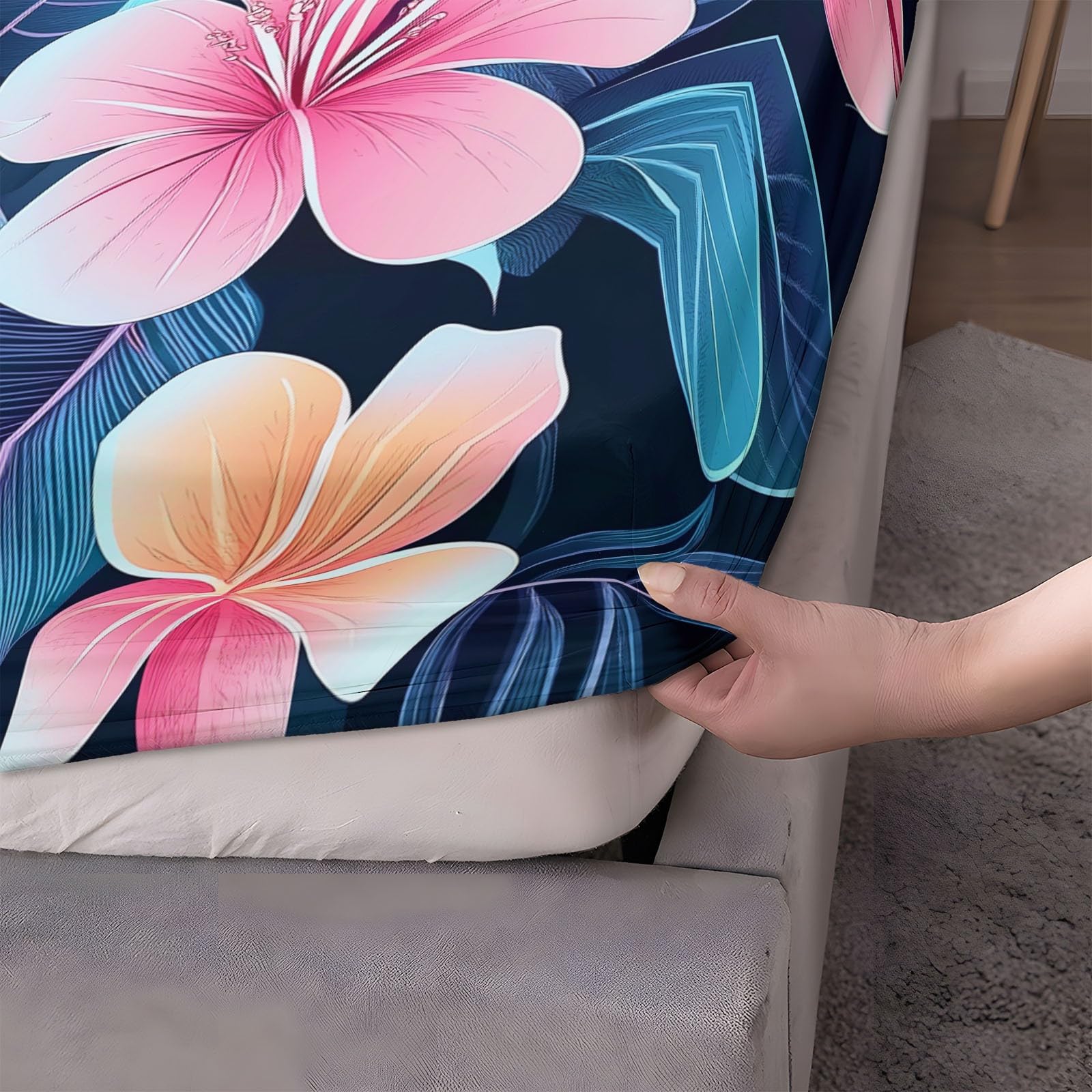 Drap Housse 180 x 200 cm avec Bonnet 30 cm, Feuilles Fleurs Plantes Tropicales Luxueuses Drap Housse Enfant, Drap Housse Matelas Epais Bleu Foncé, Microfibre Brossée avec Une Rebord Élastique