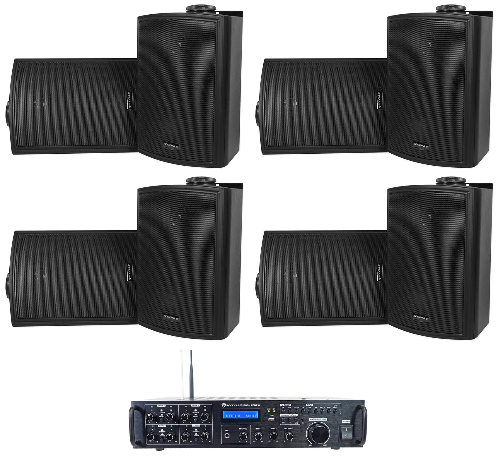 Rockville Bundle Rock Zone 8 8-Channel 1000W RMS Multi Room Receiver/Amplifier Bundle with (8) HP5S-8 BK 5.25" Outdoor/Indoor Home Theater Speakers w/Swivel Bracket (9 Items)