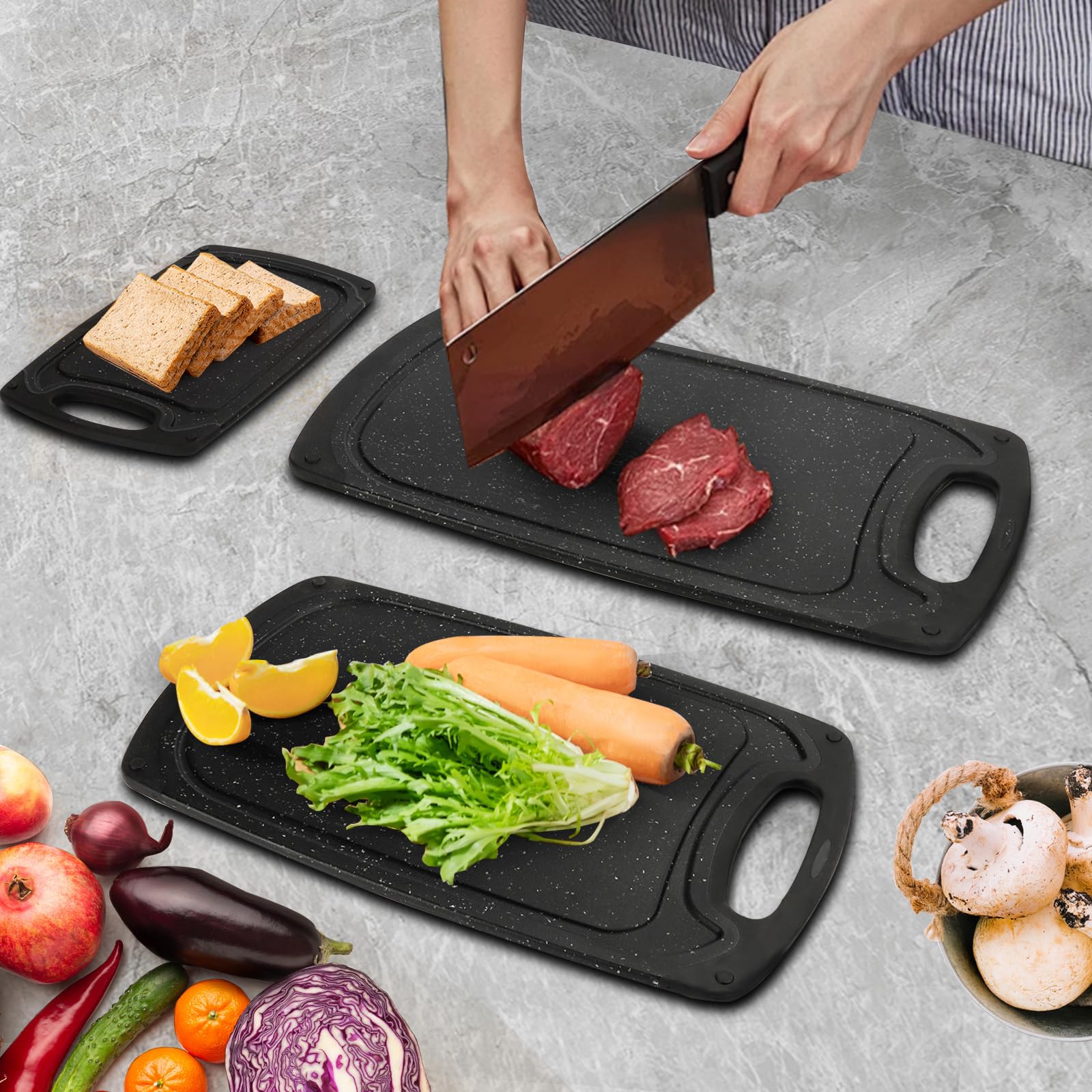 Set 3 Tabla Cortar Cocina, Tabla Cortar de Plástico Sin BPA, Cutting Board con Asas y Ranura para el Jugo, Chopping Board Antideslizante para Verduras/Frutas/Carnes, Negro