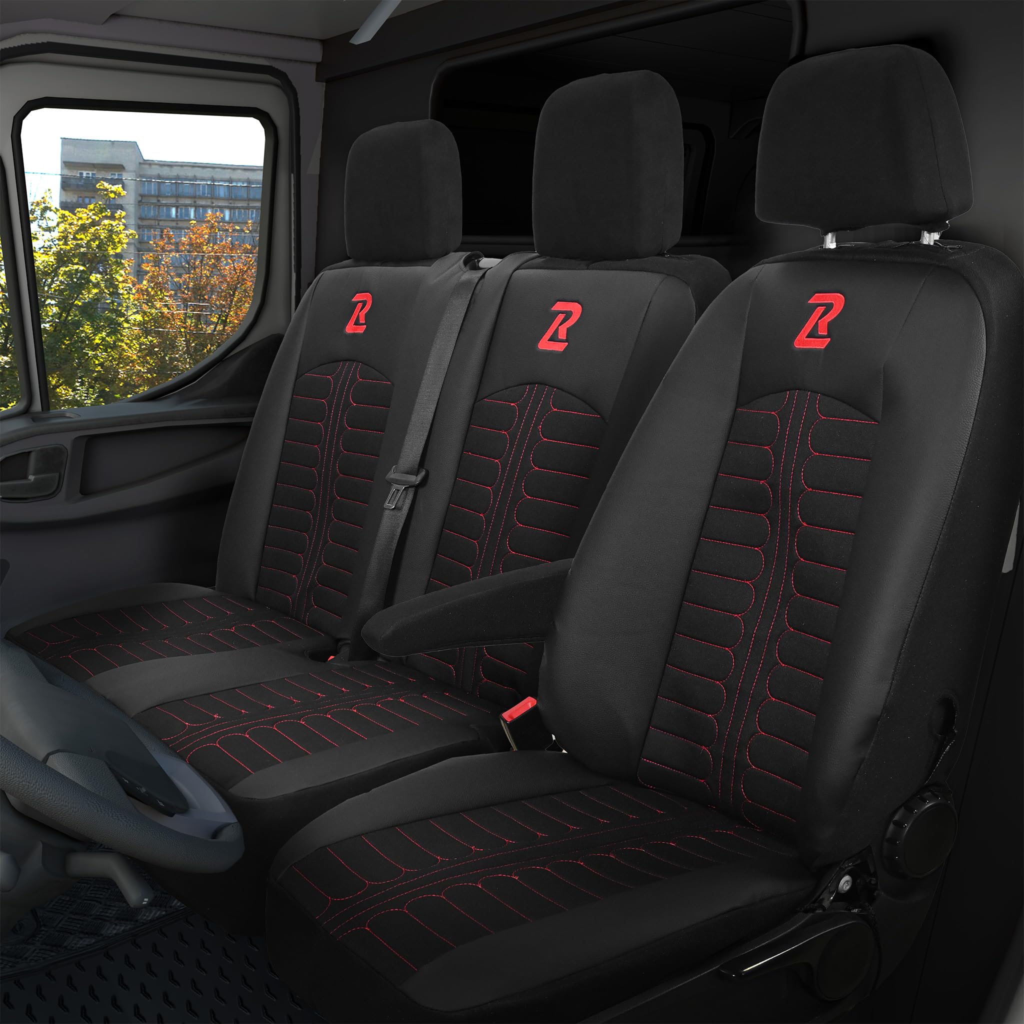 LUCARO Housse Siege Voiture Mercedes Sprinter 3 à partir de 2018 - Ensembles de Housses de Siège 2+1 - Housse de Siege Voiture Noir Rouge - Couvre Siege Auto