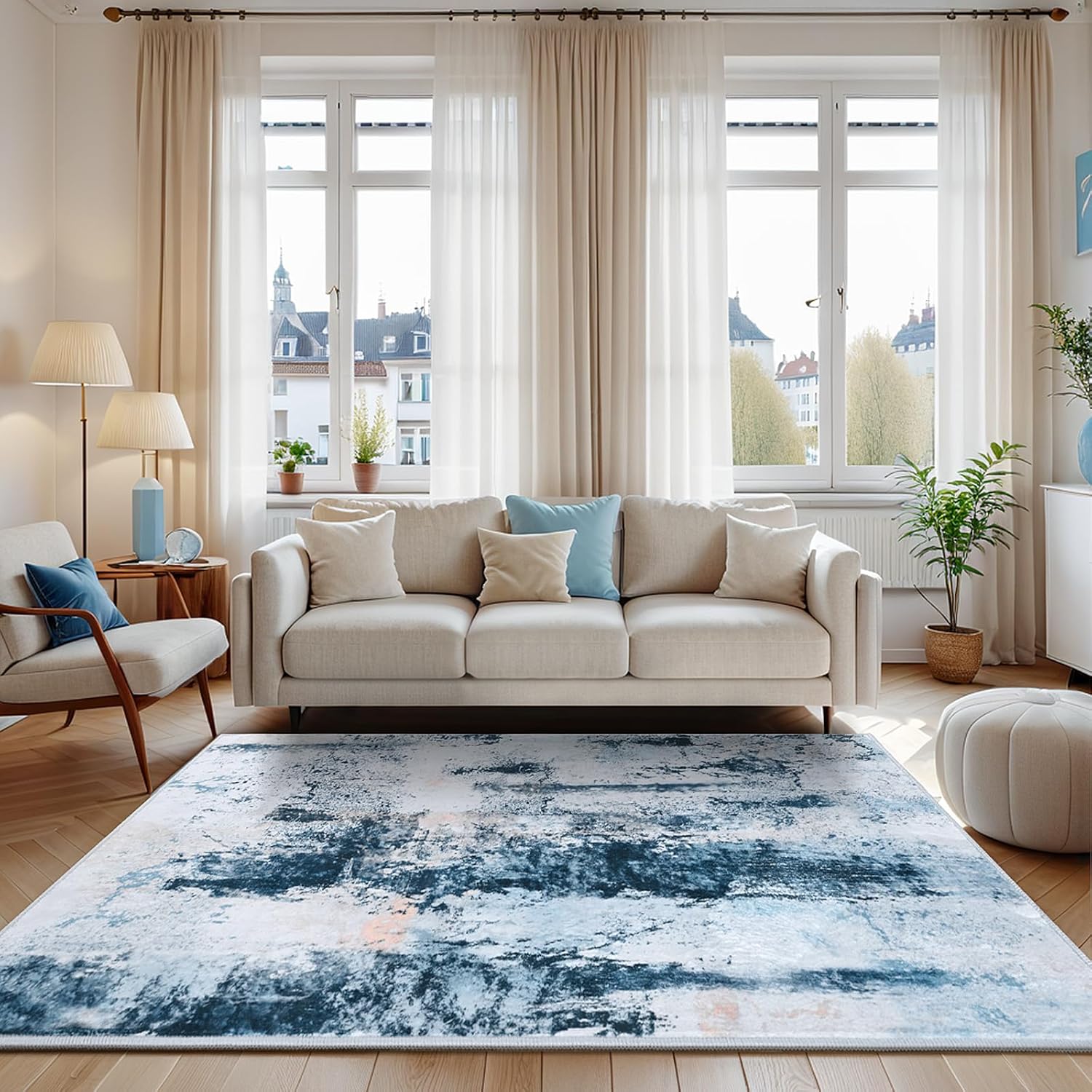 Living Room Area Rug 7x10 Rugs Modern Machine Washable Rug Non Slip Low Pile Large Abstract Rug for Living Room, Bedroom, Farmhouse, Dining Room, Blue Blue 7' x 10' (Rectangular)