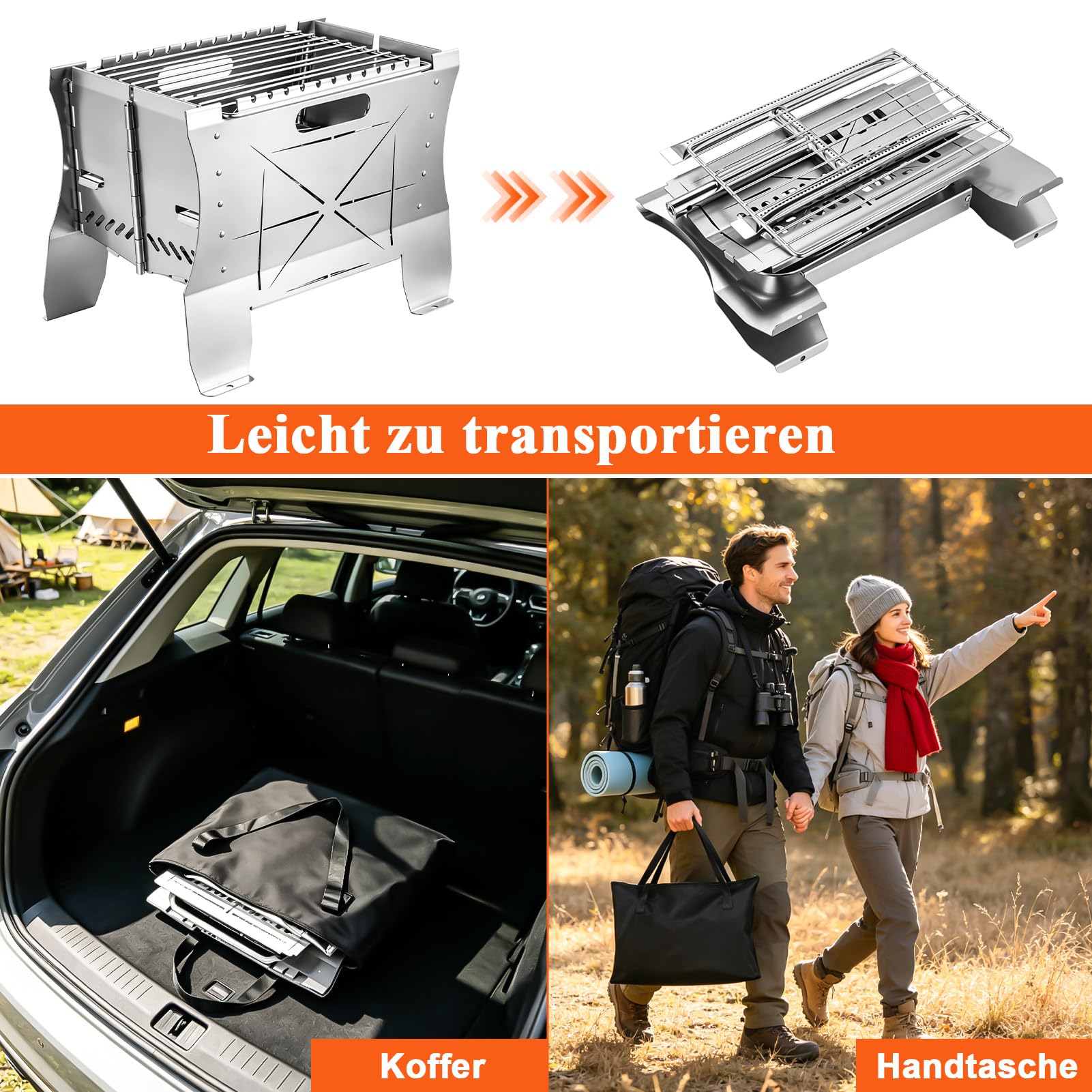 Grill Gas - 26.5×21×38cm Mobiler Gasgrill Klein, Tragbarer Edelstahl Campinggrill | Gas & Holzkohlebetrieb - Faltbarer Campingkocher Propangas-Grills mini für Camping, Balkon, Garten, Outdoor