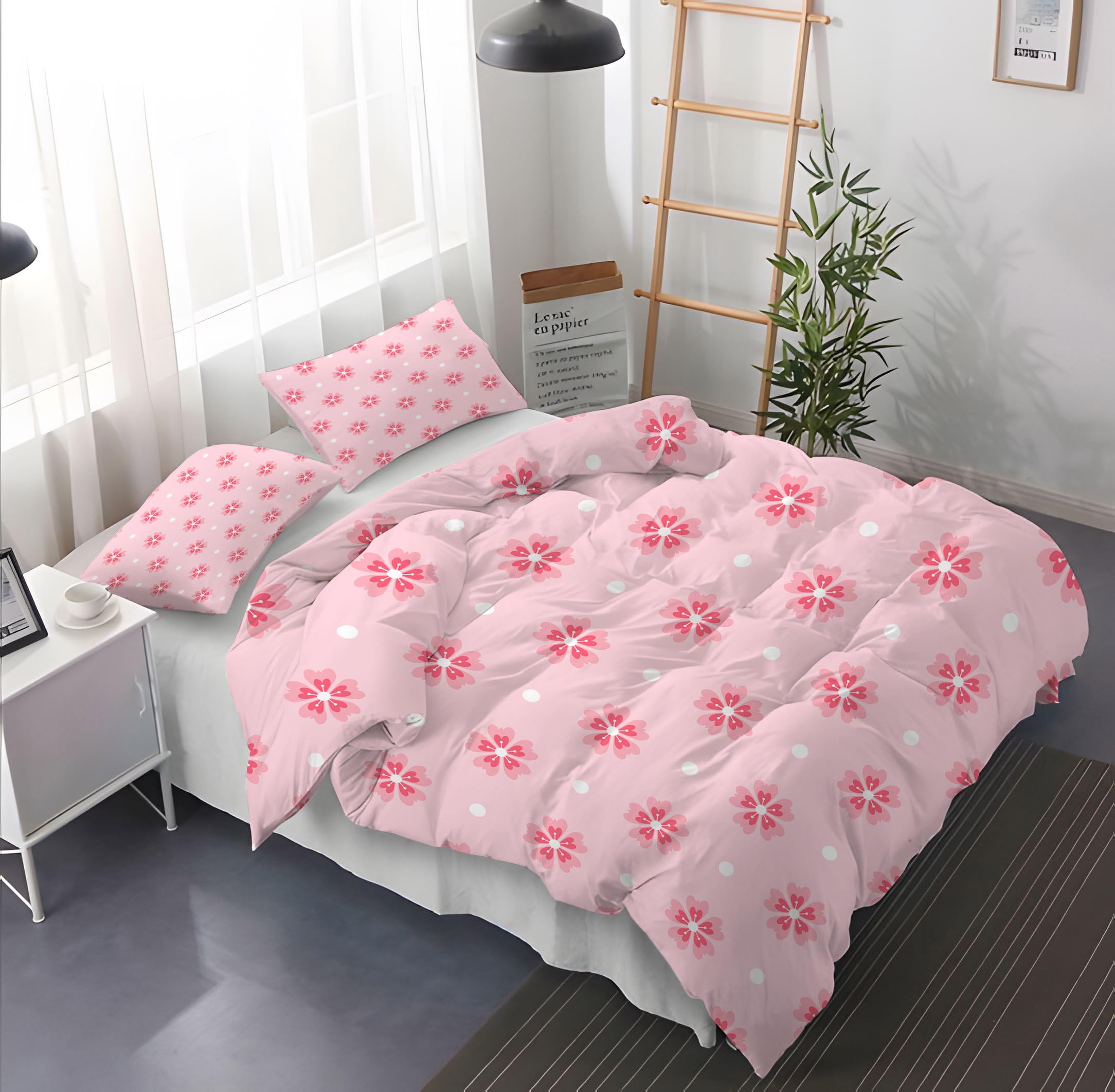 Copripiumino 135x200 Floreale Rosa, Stampa di Dolci Fiori Rosa e Pois Bianchi, Set Letto per Bambini, Bambine e adulti, Setcopripiumino Reversibile 2 Pezzi, Set Letto in Morbida Microfibra, Singolo