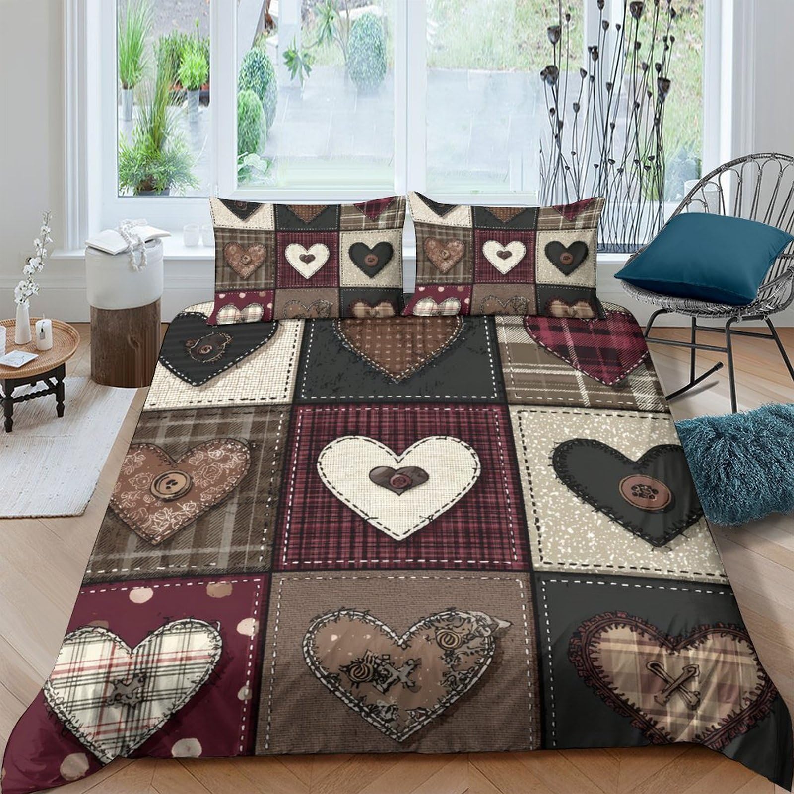 Ctjqhvkz Style-1 3D Printed Patchwork Heart Fitted Sheet Microfiber Soft Breathable Rustic Love Bed Cover For Bedroom Guest Room Decor Single（135X200cm）
