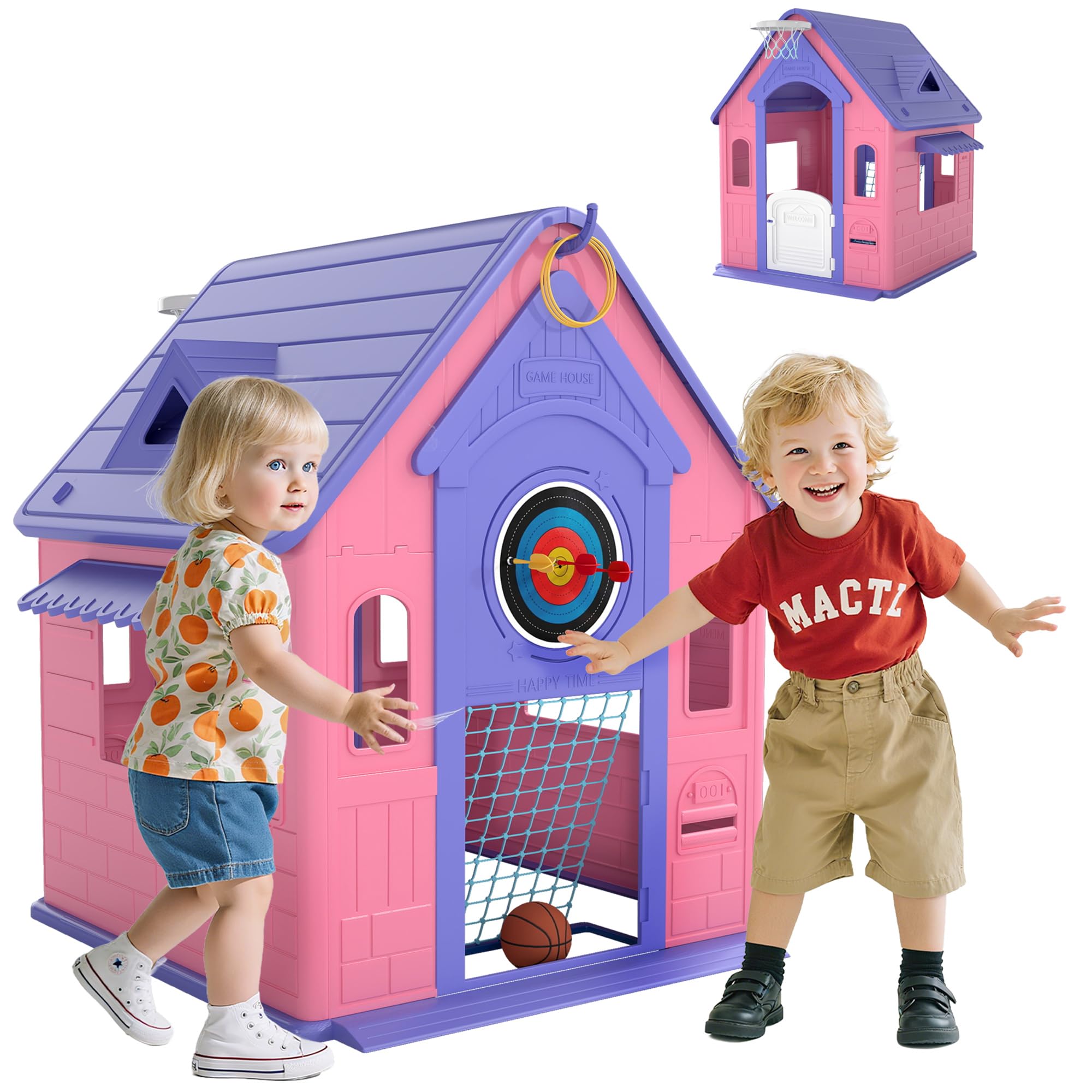AIYAPLAY Playhouse for Kids Outdoor Indoor, 5-in-1 Wendy House with Basketball Hoop, Football, Dartboard, Ring Toss, Garden House for Kids 2-5 Years Imaginative Play, Easy to Assemble, Pink