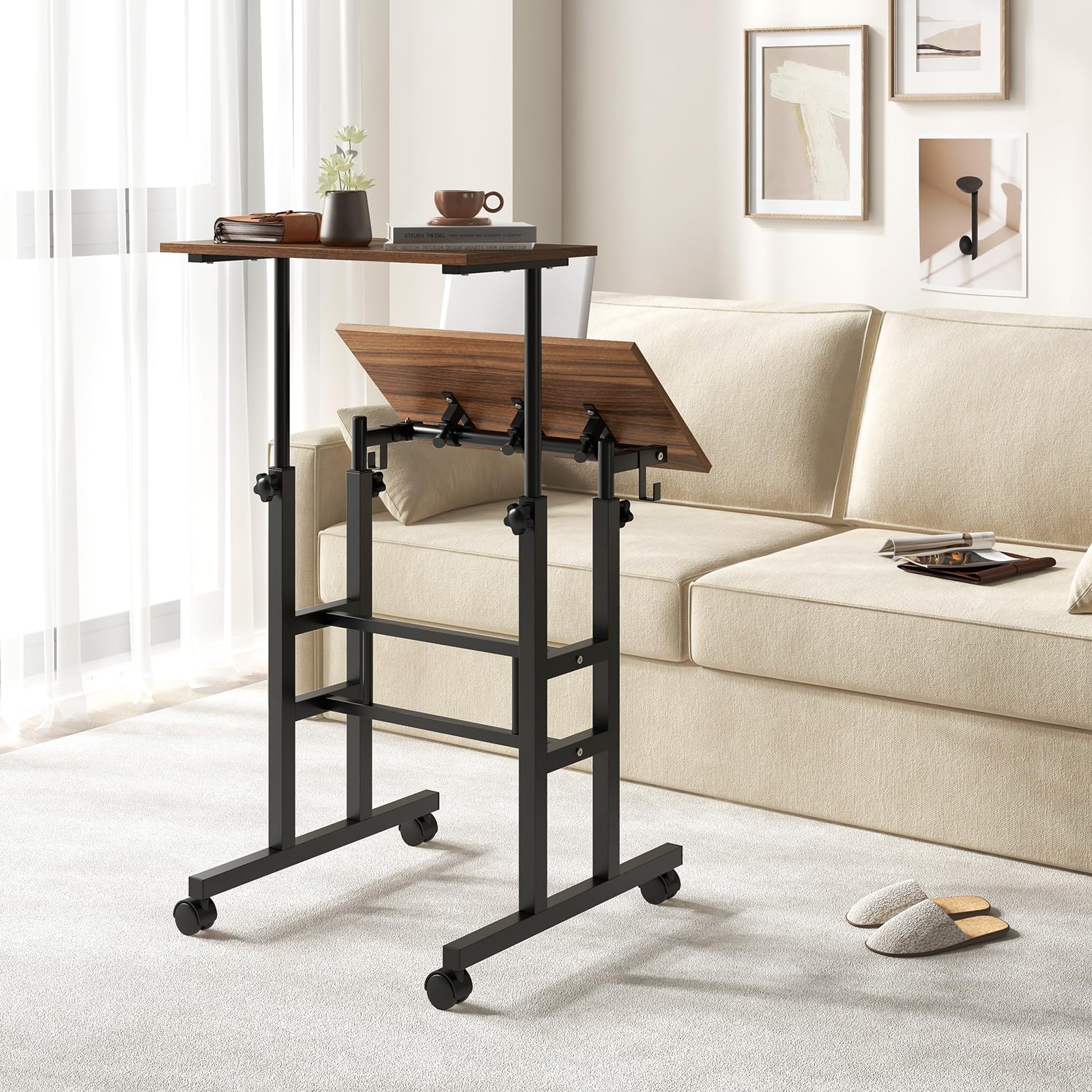 Giantex Mobile Standing Desk Portable Stand Up Desk Adjustable Height with Wheels Tilting Tabletop Hanging Hooks Home Office — view 2
