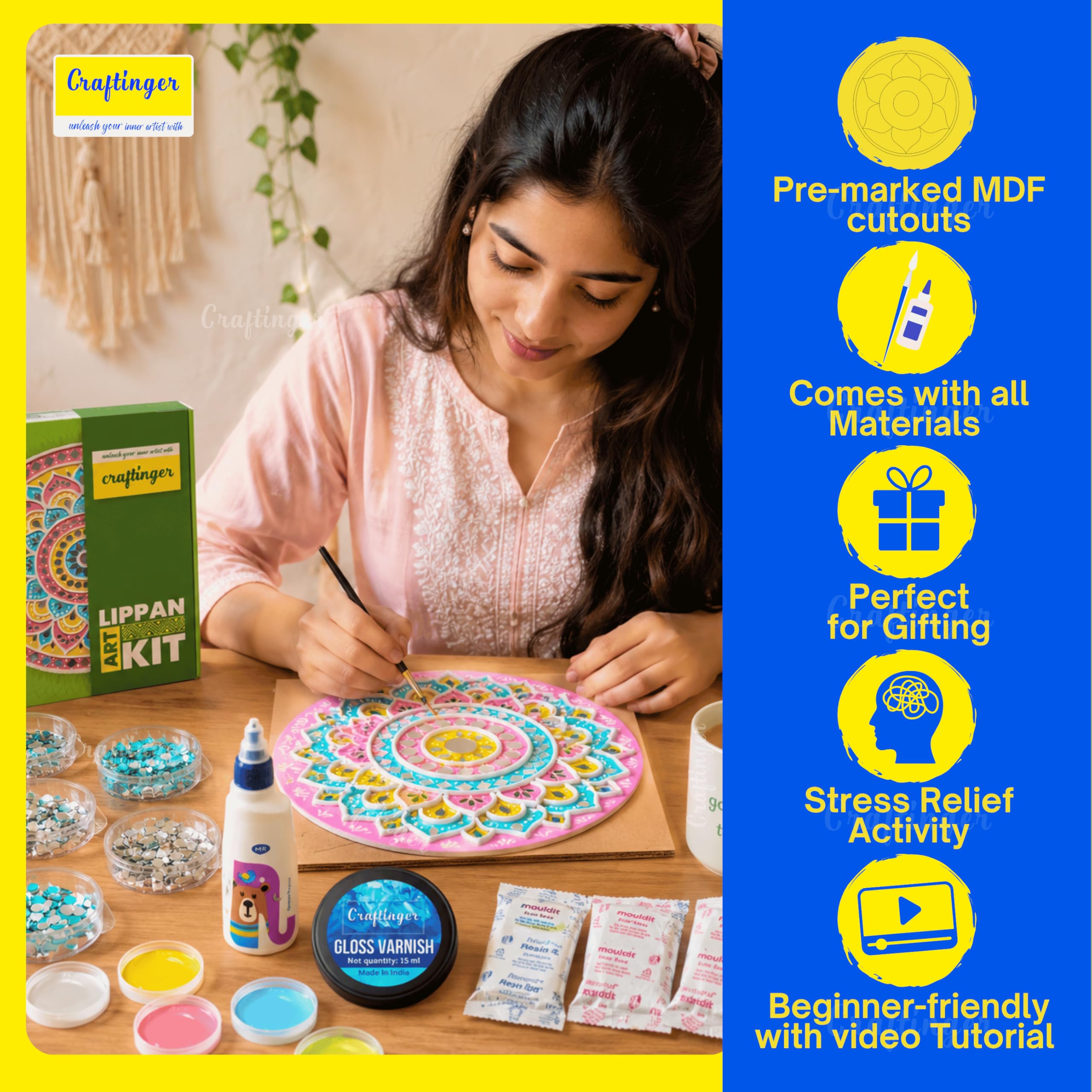 Craftinger Pro Lippan Kunst-Set, 20,3 cm, für DIY-Dekoration, mit vormarkierten MDF-Formen, Acrylfarben und Spiegeln, mehrfarbig