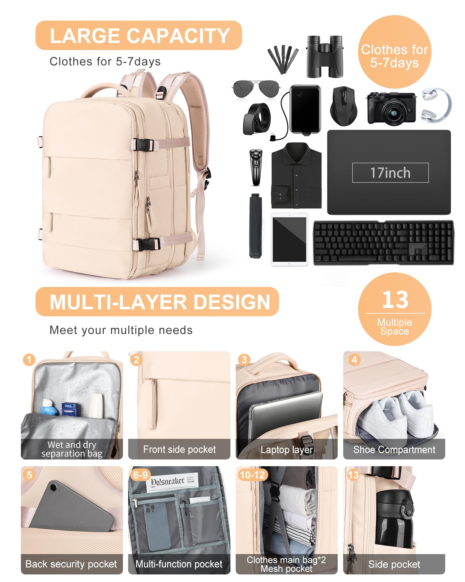 SZLX Zaino da viaggio grande da donna da escursionismo sportivo da esterno impermeabile da scuola casual laptop da 14 pollici con porta di ricarica USB scomparto per scarpe