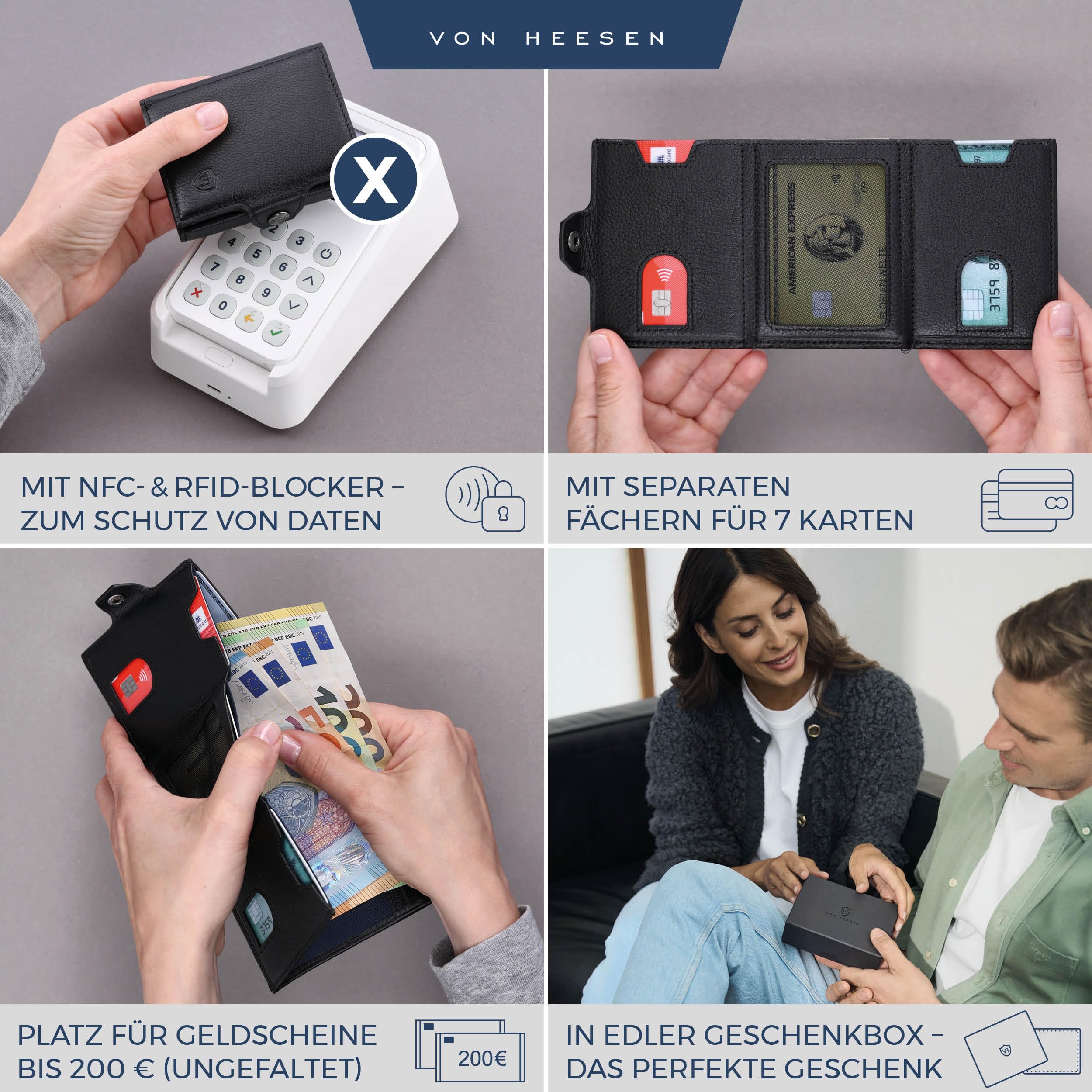VON HEESEN Slim Wallet mit XL Münzfach & RFID-Schutz - Mini Geldbörse Herren & Damen - Kartenetui Kreditkartenetui - Portmonee Geldbeutel Portemonnaie klein Schwarz