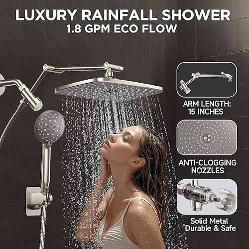 Miniatura 17 de Veken Cabezal de ducha de lluvia ancho con rociador de agua de mano multimodos, combo de cabezal de ducha de alta presión con brazo para accesorios