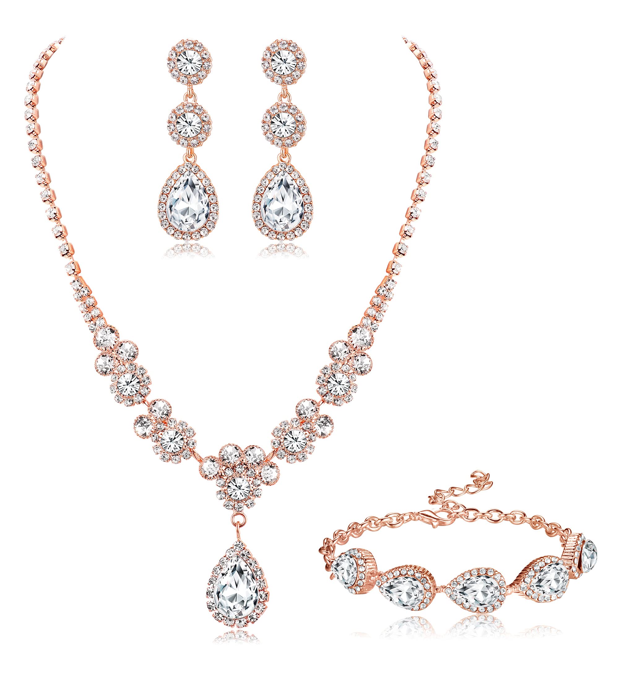 JstyleRhinestone Bridal Jewelry Set Necklace Bracelet Clip On Earrings for Brides Bridesmaid Cluster Crystal Teardrop Pendants Jewelry Set for Wedding Prom