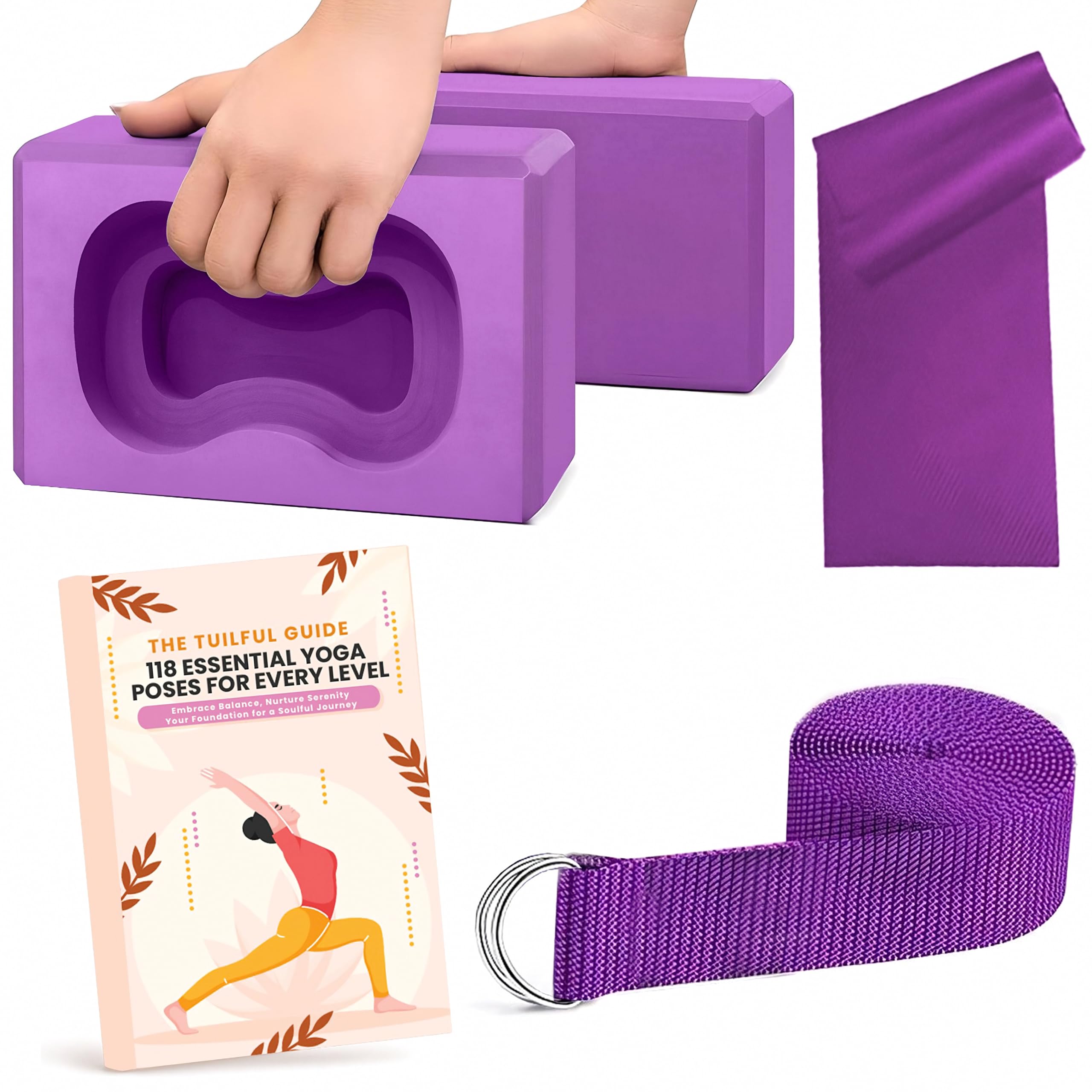 Yoga Blocks 2-Pack Kit with Strap & Free Ebook Guide – Non-Slip Yoga Accessories Set for Home, Gym & Pilates | Stretching, Splits & Exercise EVA Foam Bricks Gifts for Women (Yoga Block + Strap + RB)