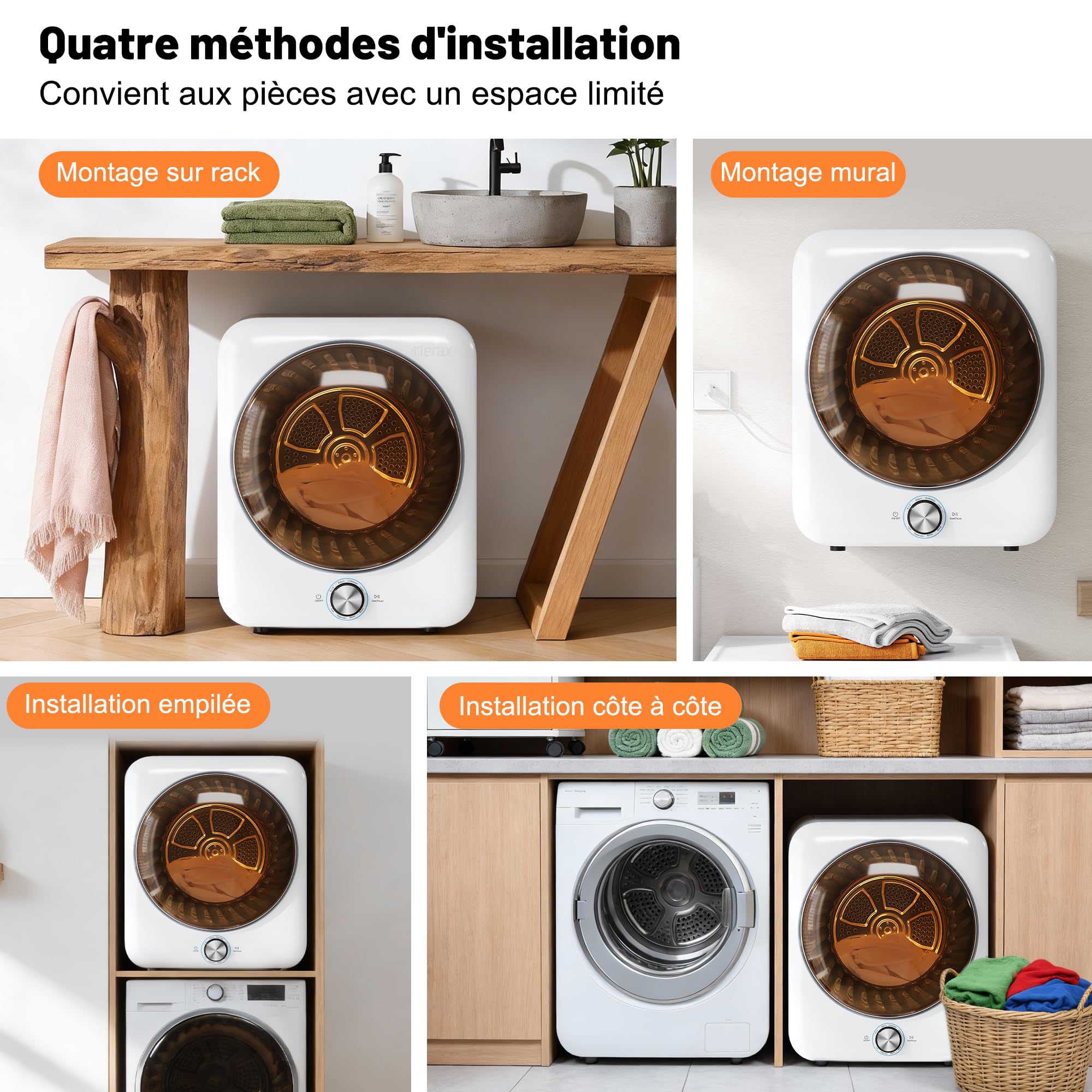 Merax Mini Sèche-linge 3kg 1350W à évacuation 8 programmes NTC 65 dB Silencieux Installation murale Double filtre 53,5×42×65 cm Blanc