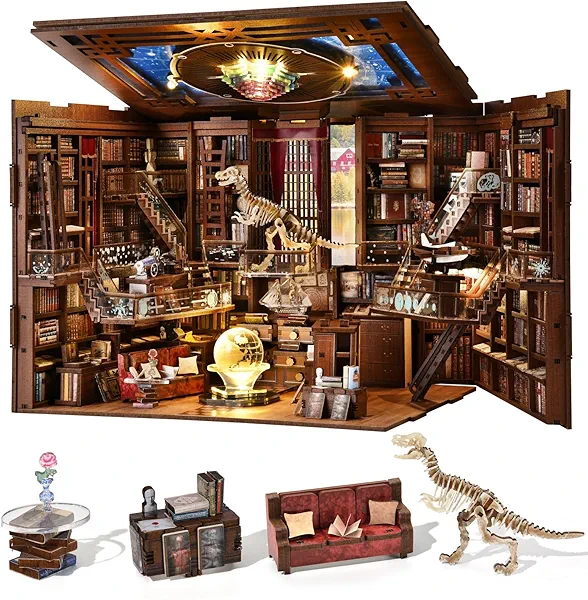 MiniCity DIY Book Nook Kit for Adults, 3D Wooden Puzzle Bookend Bookshelf Insert Decor with LED Light and Dust Cover (Beyond Library Max)