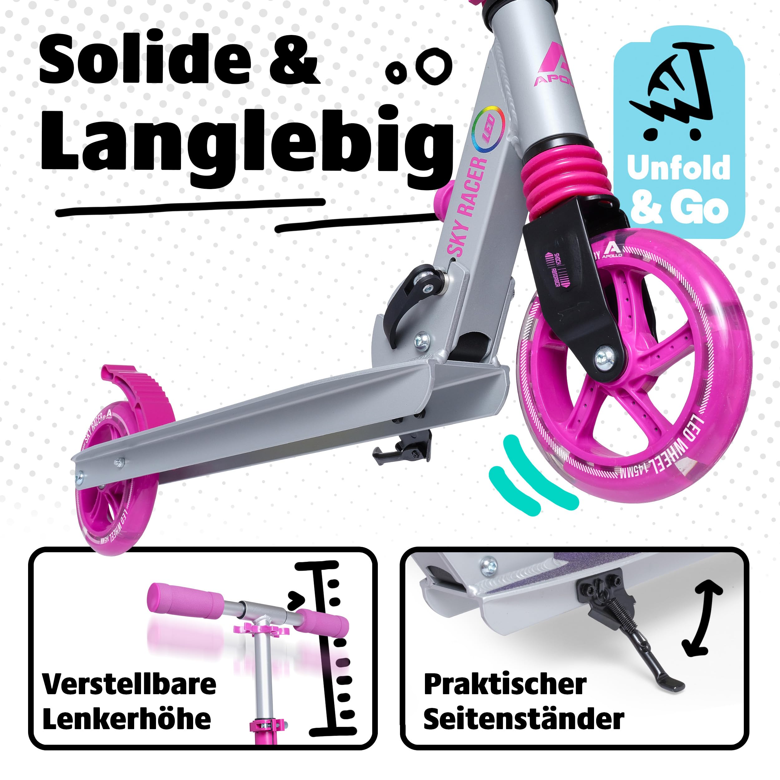 Apollo Skyracer City Roller mit LED Leuchträdern, Roller für Kinder ab 6 Jahre, City-Scooter mit Federung, Tretroller für Kinder und Teens, klappbar und höhenverstellbar