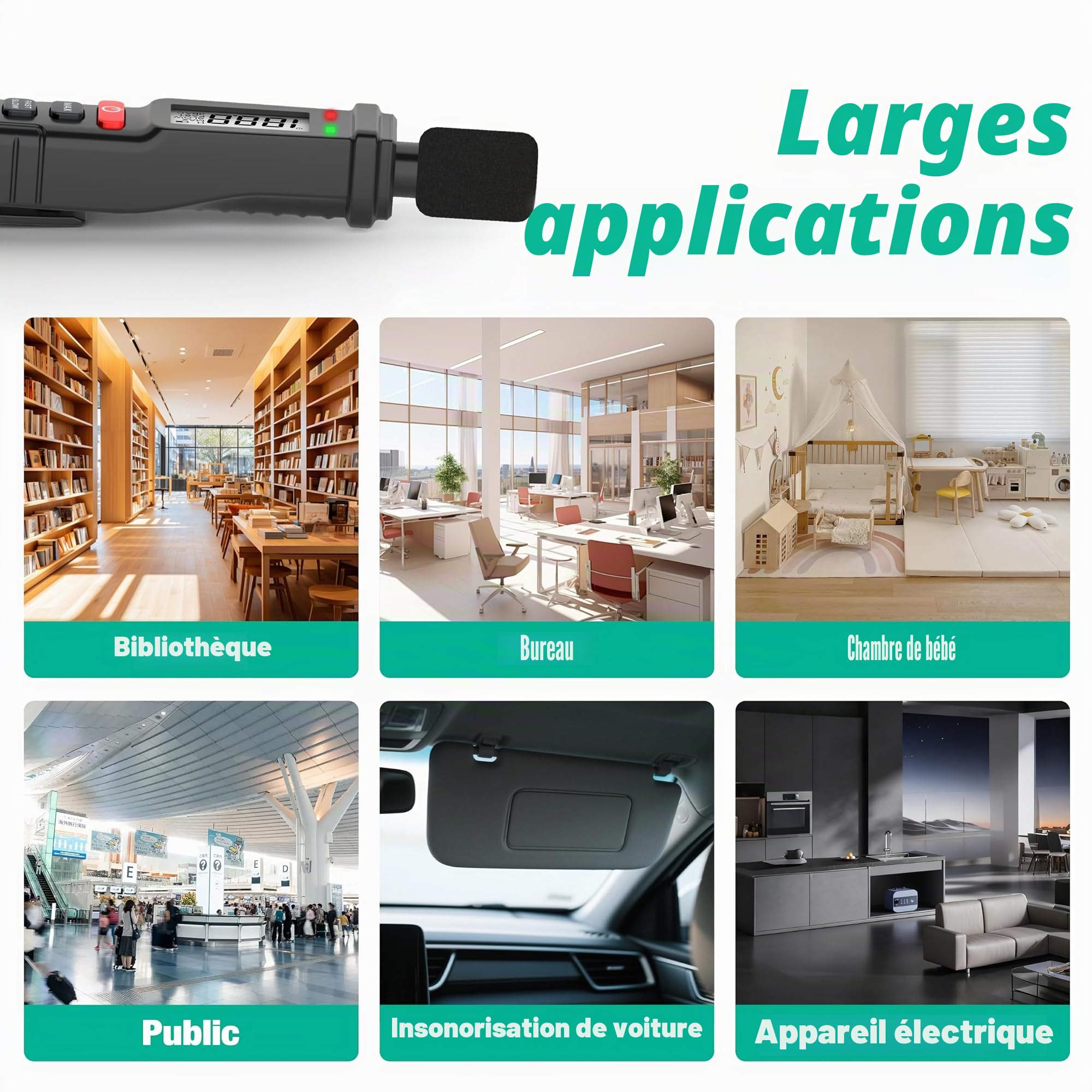 Sonomètre numérique 30-130 dB(A) - SPL portable avec écran LCD rétroéclairé - Compteur de bruit audio avec MAX/MIN, Data Hold, lampe de poche Home Factory