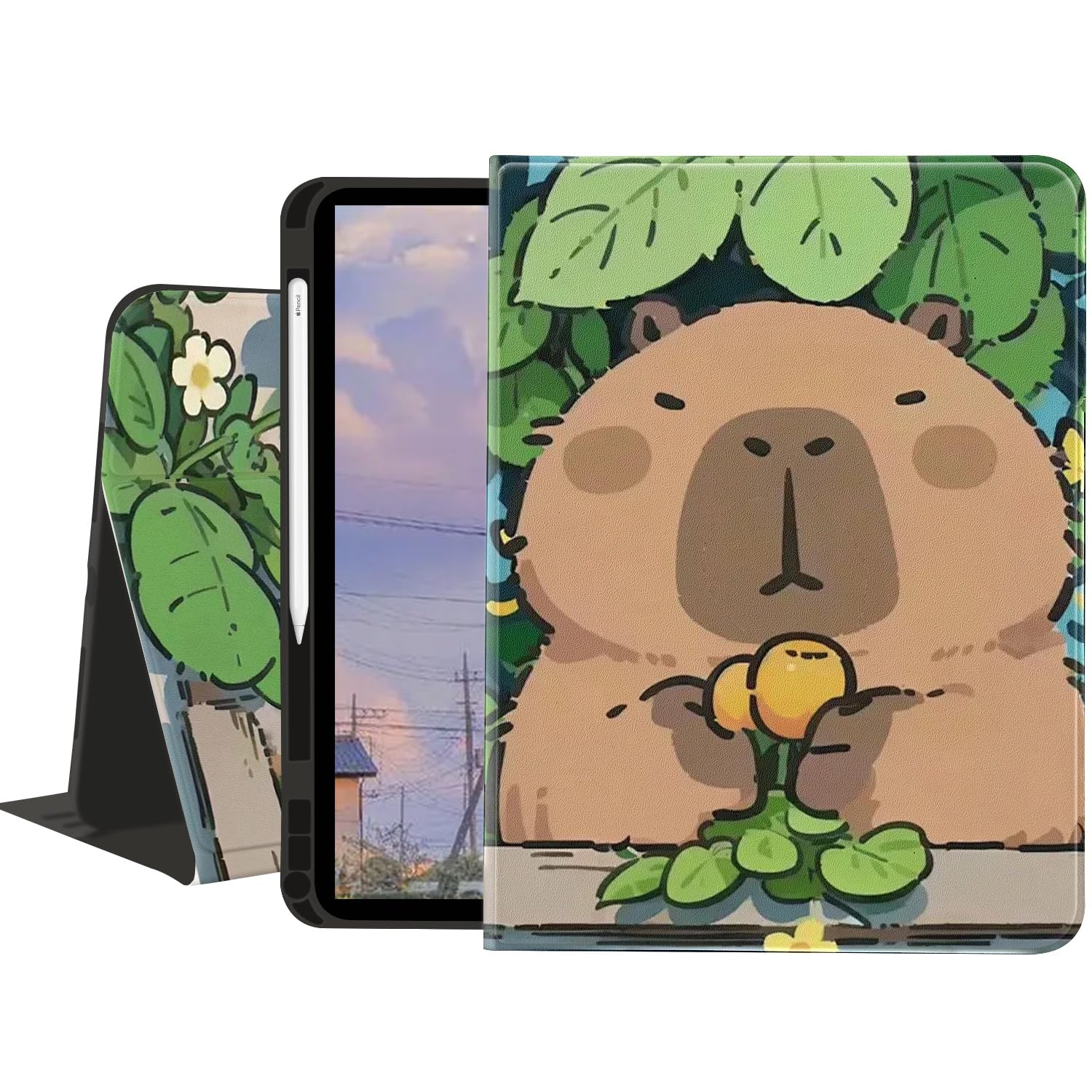 Cute Funny Capybara Case for iPad 9th/8th/7th Generation 10.2" 2021/2020/2019,Textured Folio Case with Pencil Holder Multi-Angle View Adjustable Stand