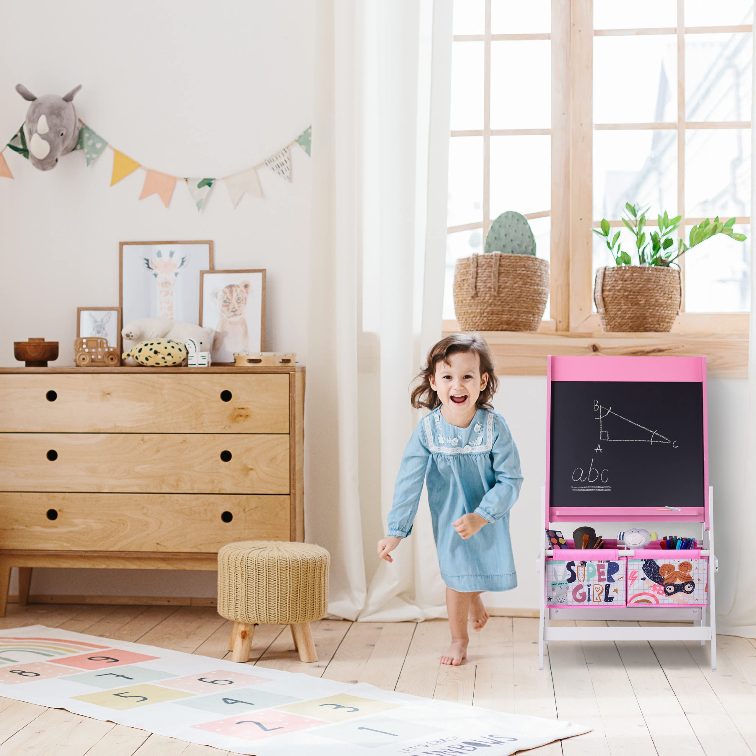 Relaxdays Pizarra Infantil de Pie 2 en 1, Tablero Niños Papel y Cestos, 94 x 52 x 46,5 cm, Encerado Tizas, Rosa y Blanco