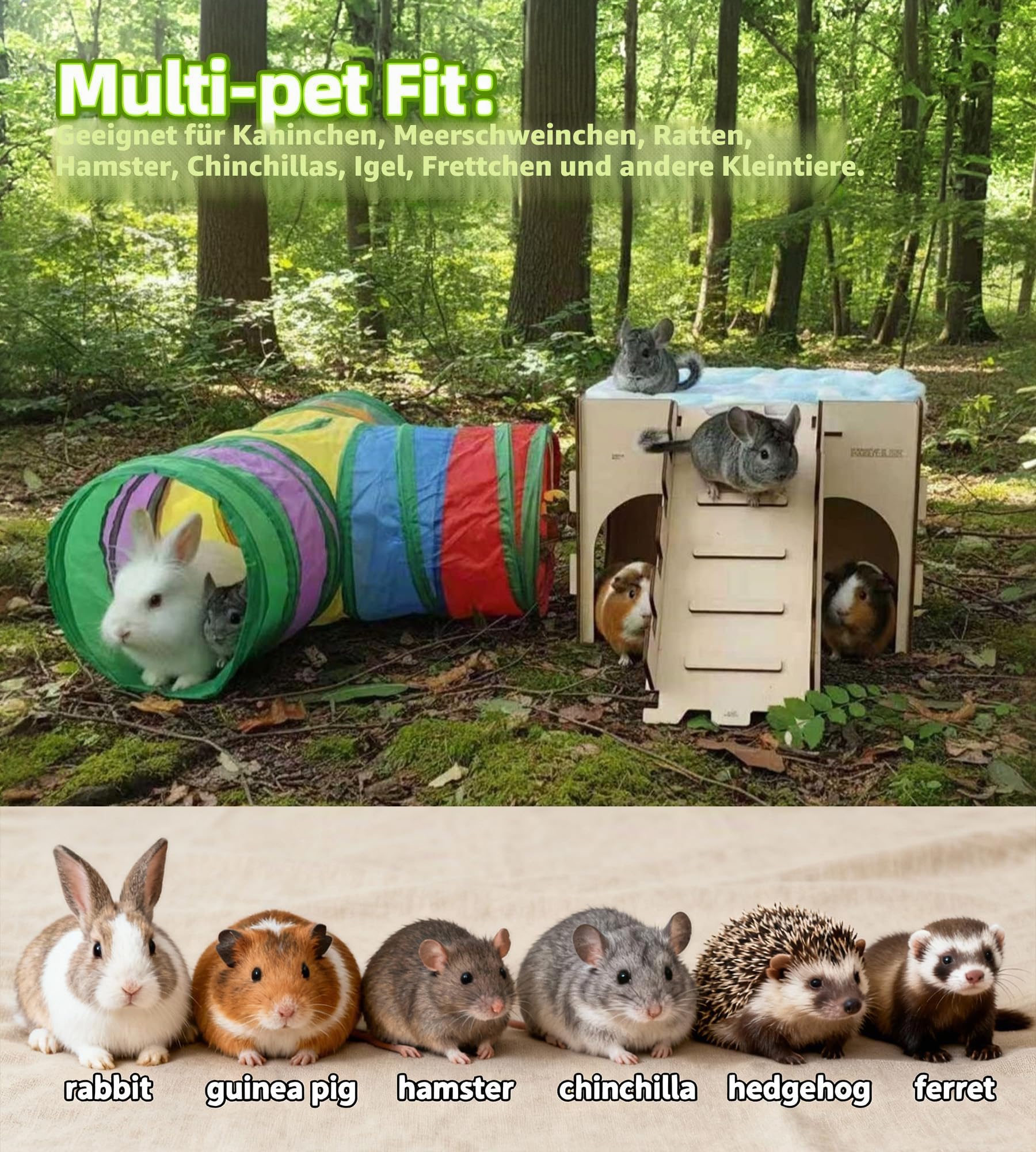 HIIMALEX 3 in 1 Geschenk für Hase Kaninchen Holzschloss mit Rampe, Plüschbett und Kollasiple Tunnel für Indoor Kaninchen Meerschweinchen Hamster Chinchilla Rennmaus Igel zum Spielen Verstecken und