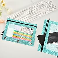 Vista 4 de Estuche para lápices personalizado verde menta con purpurina para 3 anillas, bolsa de lápices personalizada con cremallera, estuche transparente