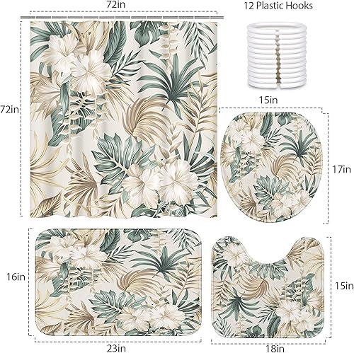 Miniatura 2 de Britimes Juego de cortinas de ducha de 4 piezas, con 12 ganchos, hojas de palmera floral tropical, hibisco con alfombras antideslizantes, cubierta