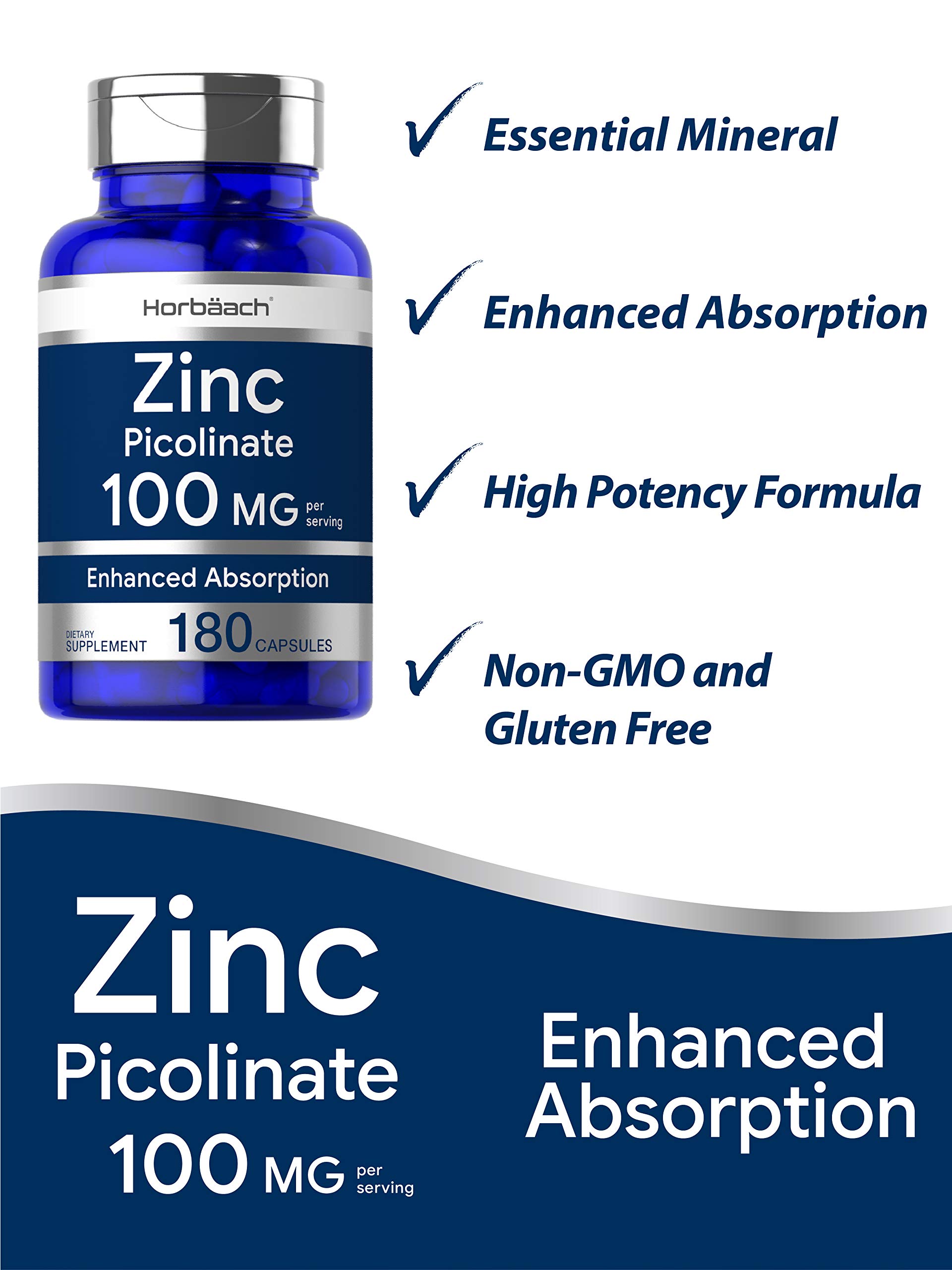 Zinc Picolinate 100mg 180 Capsules High Potency NonGMO, Gluten
