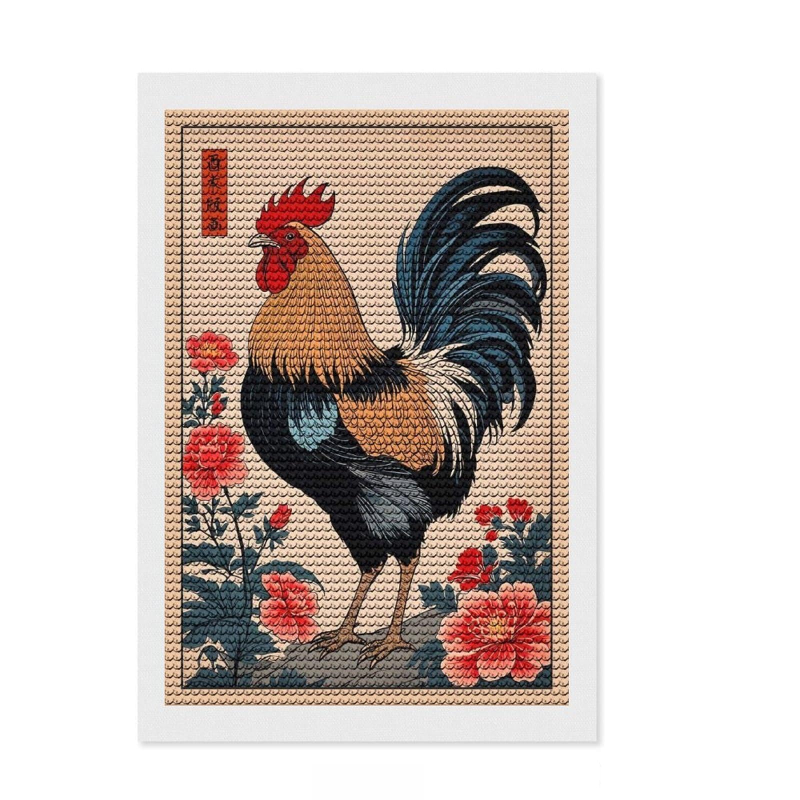 Junmoney Rooster Japanese Art Diamond Style Art Kit 8"x12", Christmas Gift, for Family Craft Time, Vintage Style Decor, Creative Gift Idea
