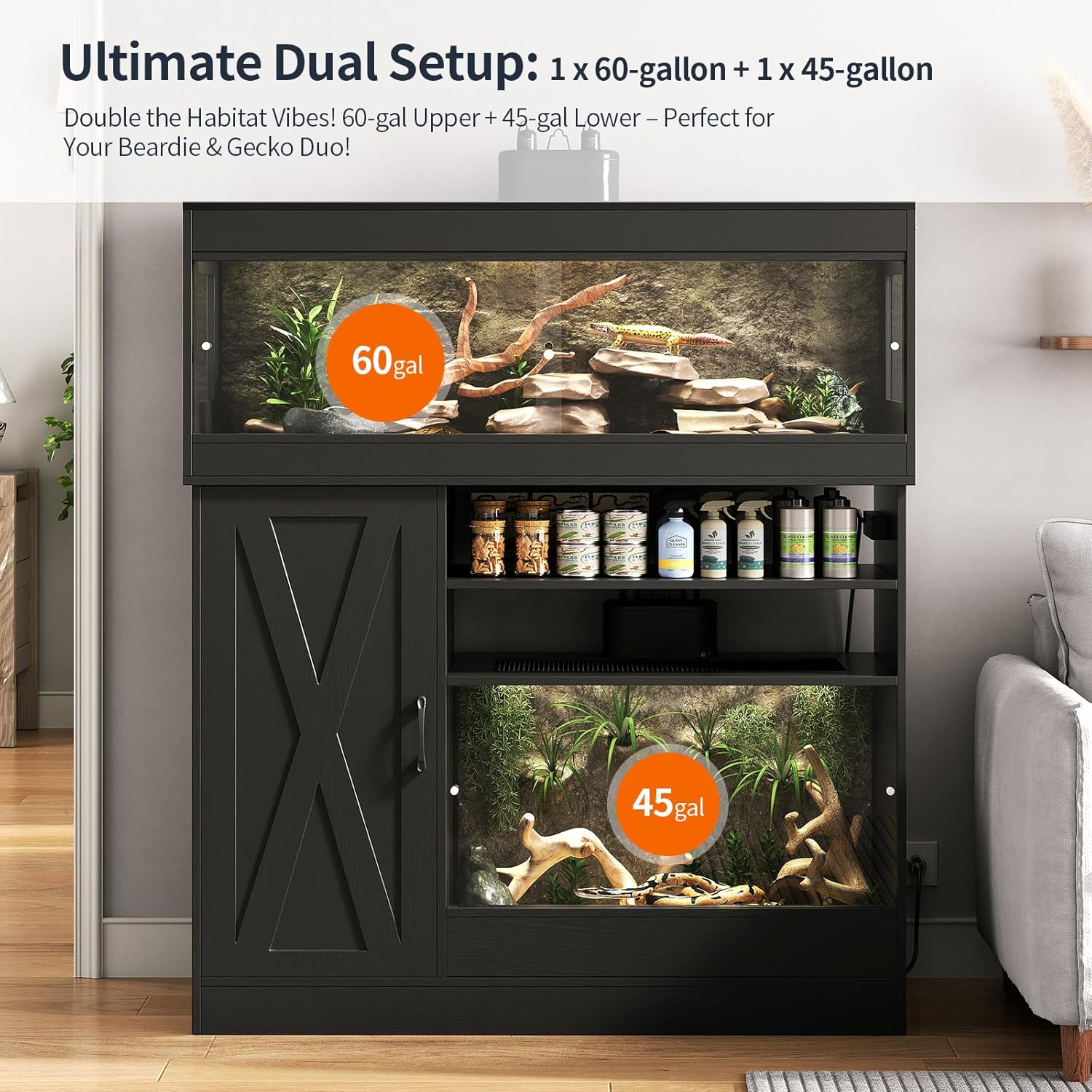 60 Gallon Reptile Tank & 45 Gallon Reptile Terrarium with Cabinet,Dual Reptile Enclosure with Stand,Sliding Doors,Power Outlet for Multiple Pets,Bearded Dragon,Lizards,Geckos Black CAGE005B