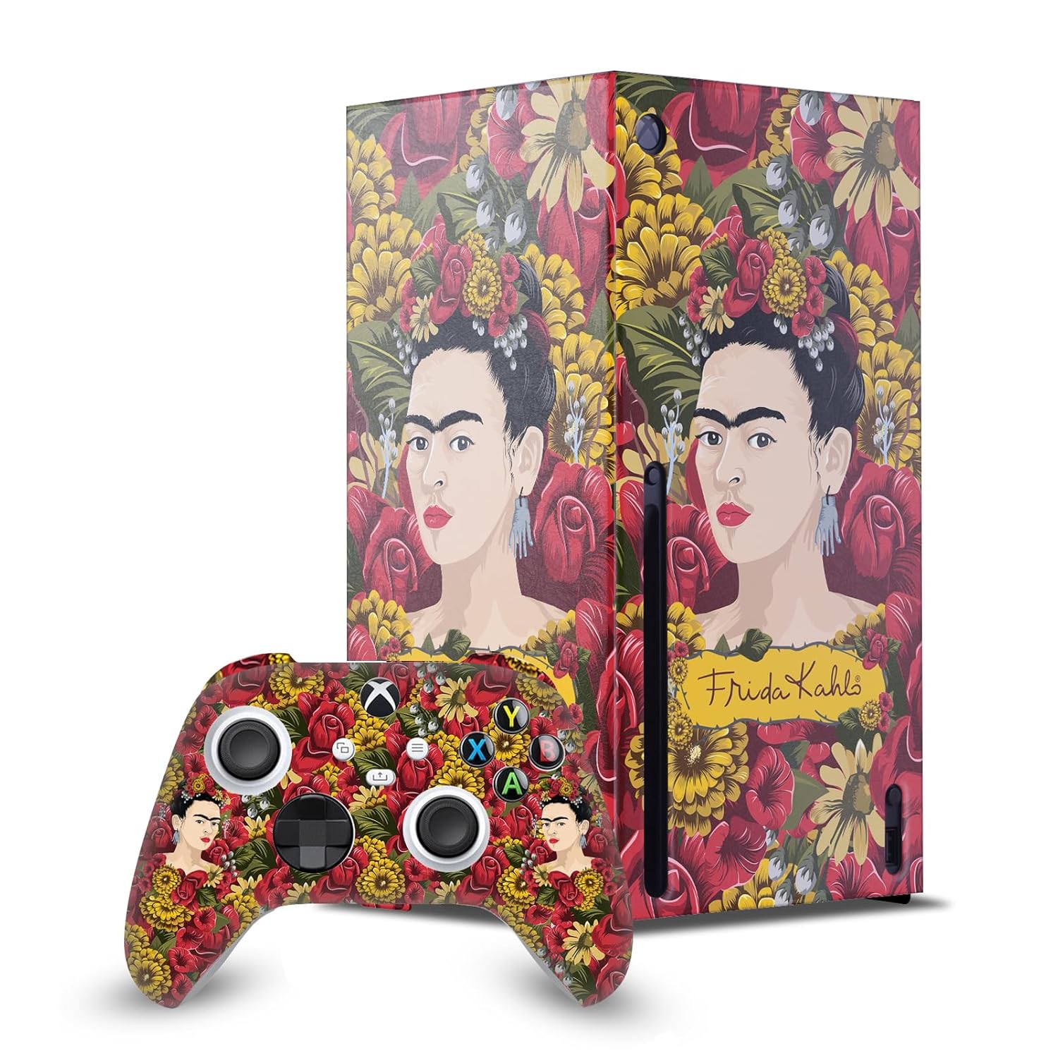 Head Case Designs Officially Licensed Frida Kahlo Portrait Pattern Floral Game Console Wrap and Game Controller Skin Bundle Compatible With Xbox Series X