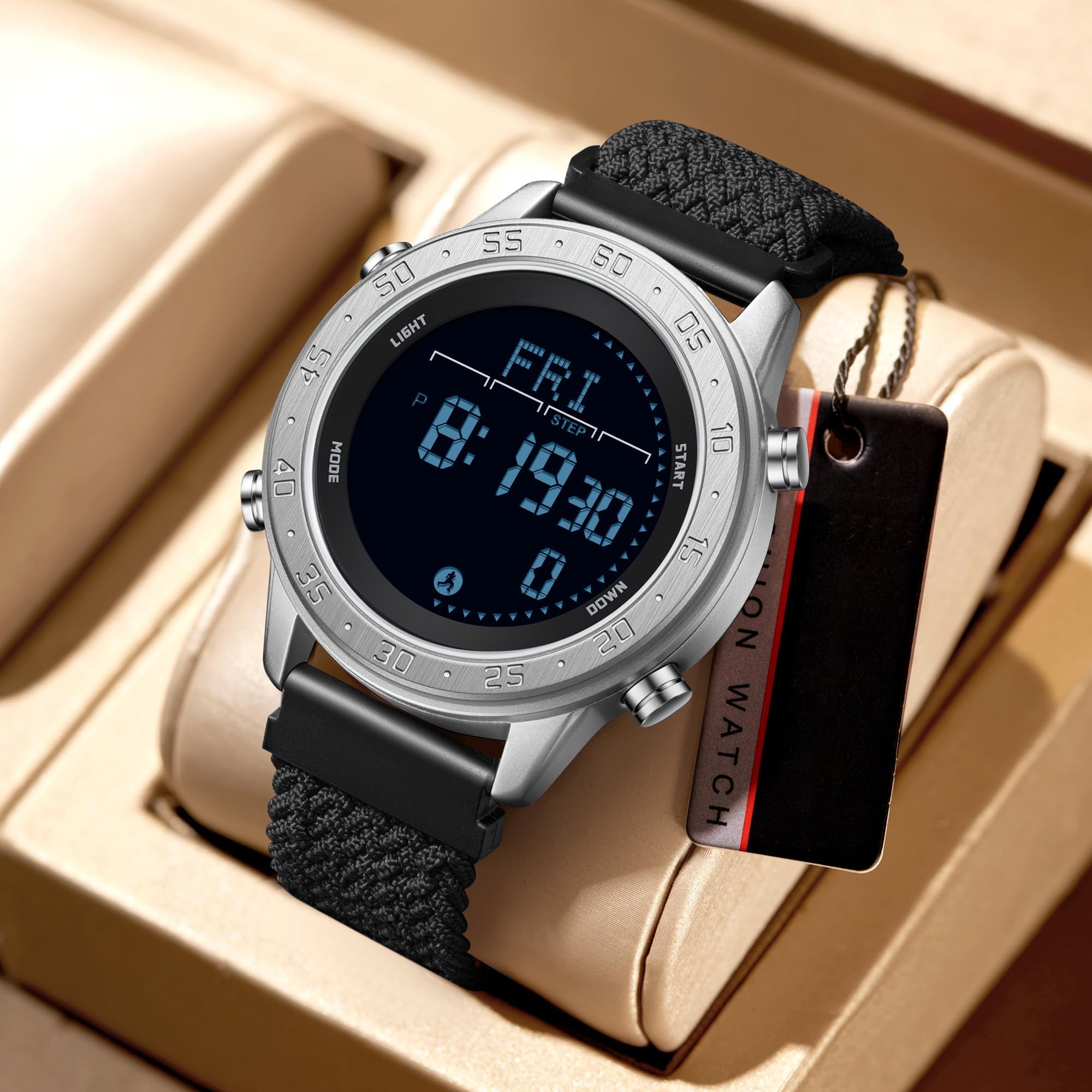 Montre militaire pour homme - Podomètre - Compteur de pas - Bracelet en nylon - Étanche - Affichage des calories - Métronome - Double temps - Chronomètre LED - Sans Bluetooth - Sans application