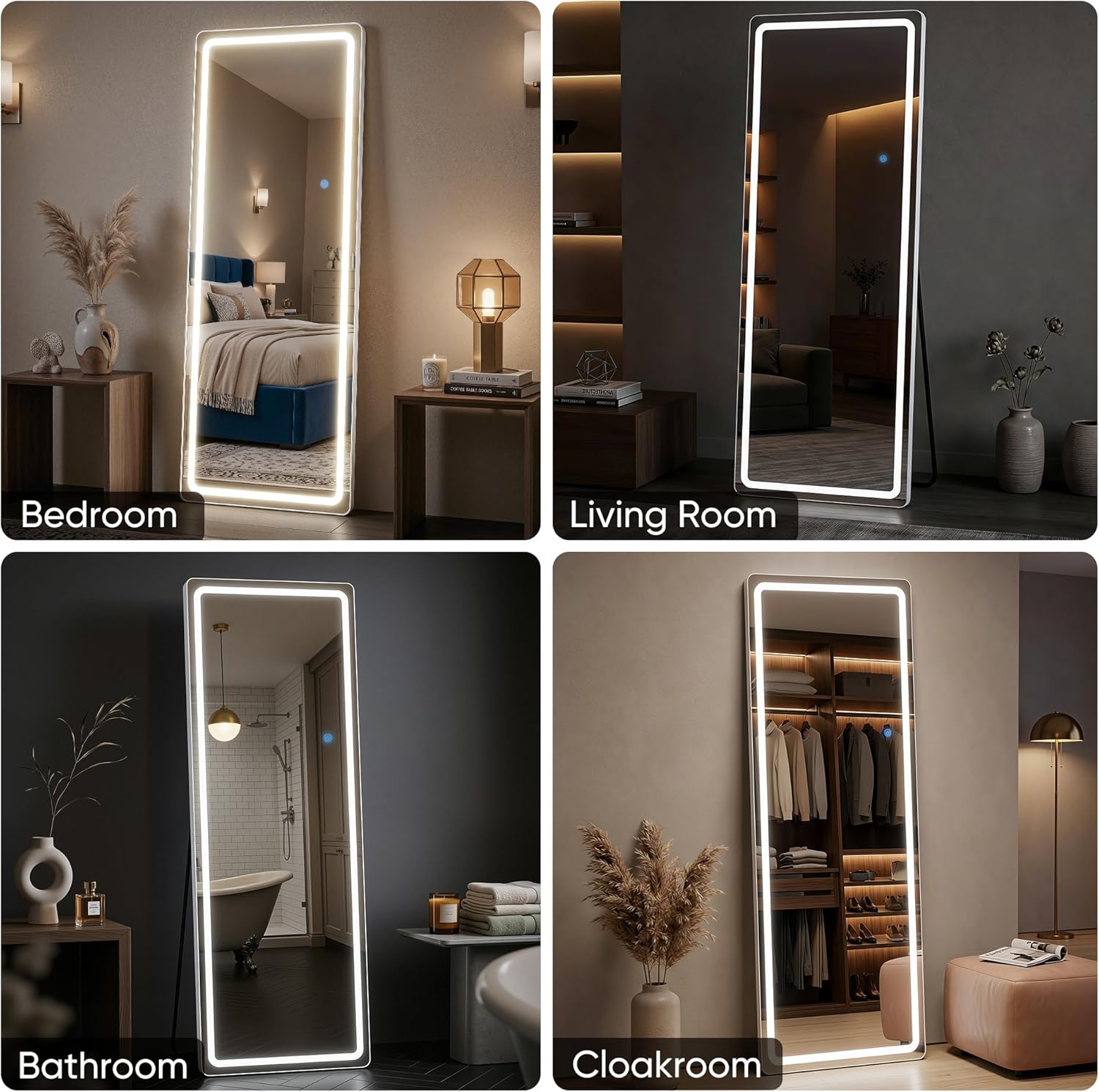 58"x18" Full Length Mirror with LED Lights, Dimmable Lighted Floor Mirror with 3 Color Lighting & Touch Control, Standing Wall Mounted Full Body Mirror, Tempered Glass for Bedroom, White