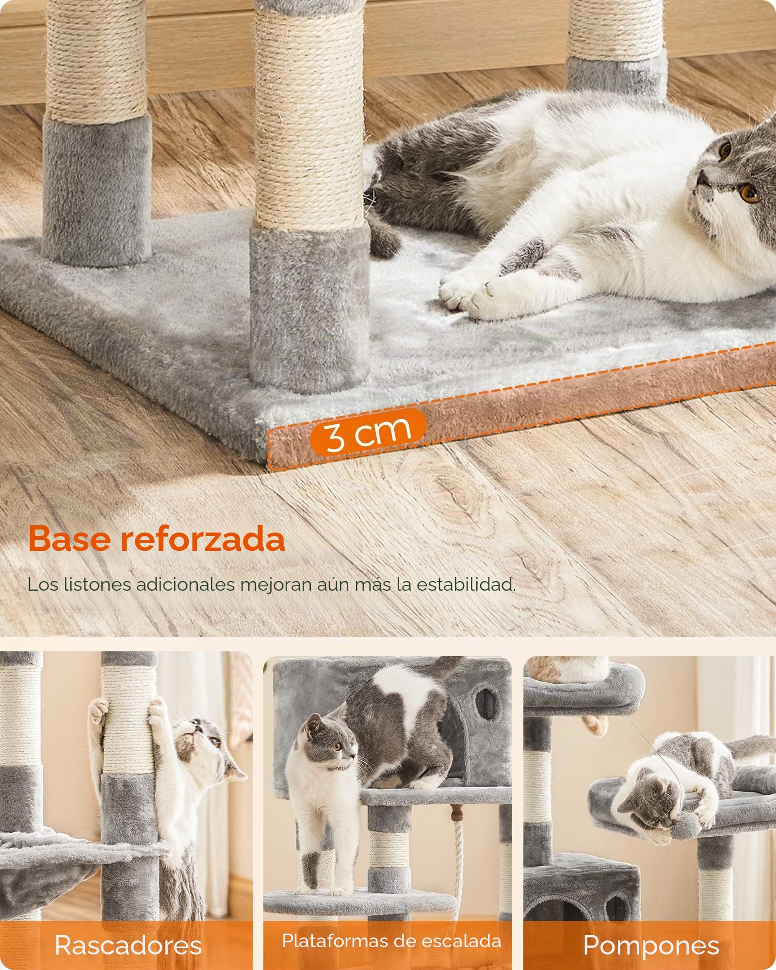Feandrea Árbol para Gatos de Altura 143 cm, Torre para Gatos, con 11 Postes Rascadores, 2 Plataformas, 1 Cueva, 1 Hamaca, 2 Pompones, Tela de Felpa, Multinivel, Gris Claro PCT15W