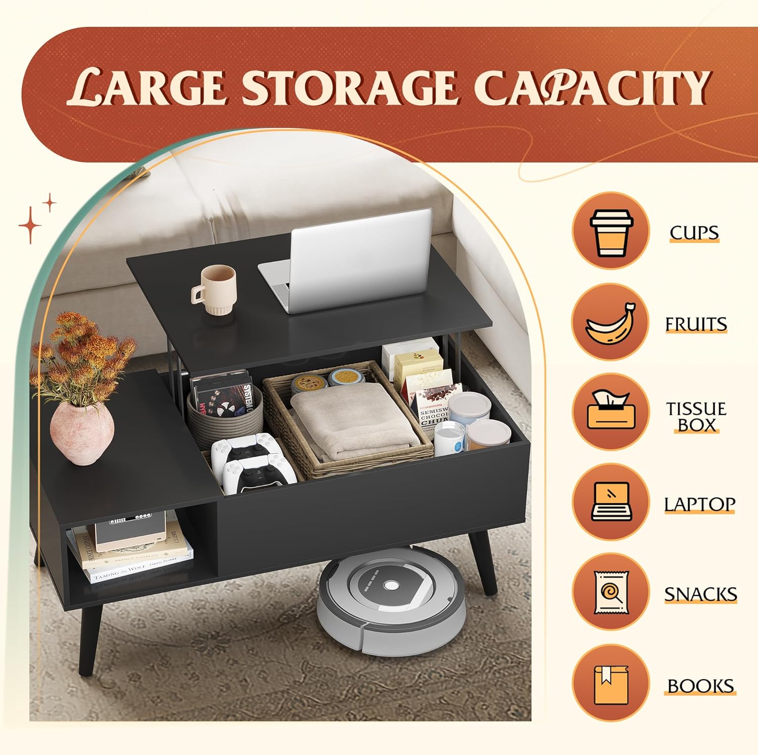 Image illustrating the large storage capacity of the WLIVE coffee table, showing items like cups, fruits, tissue box, laptop, snacks, and books stored within its hidden compartment and side shelf.
